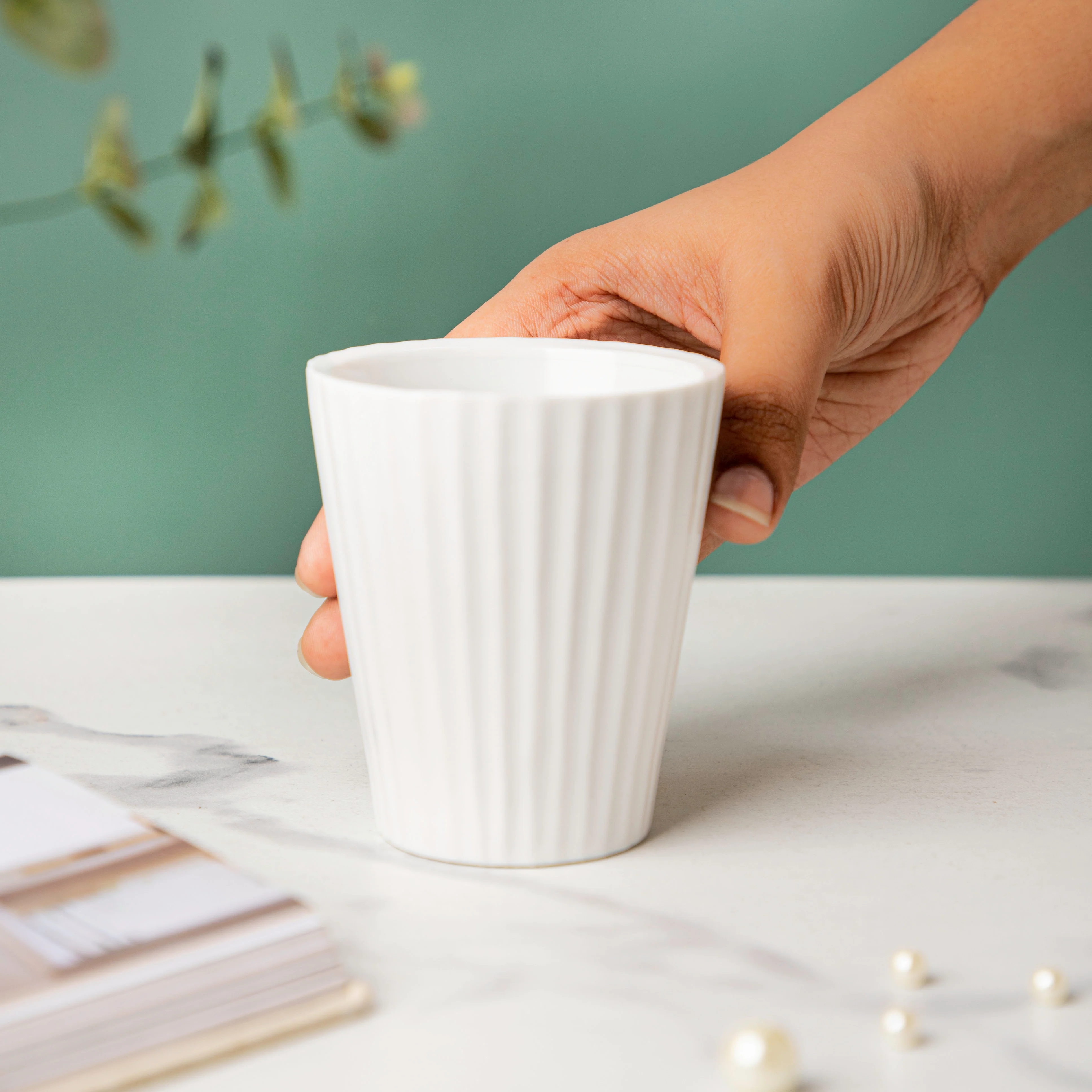 Nordic White Ribbed Ceramic Planter - Image 2