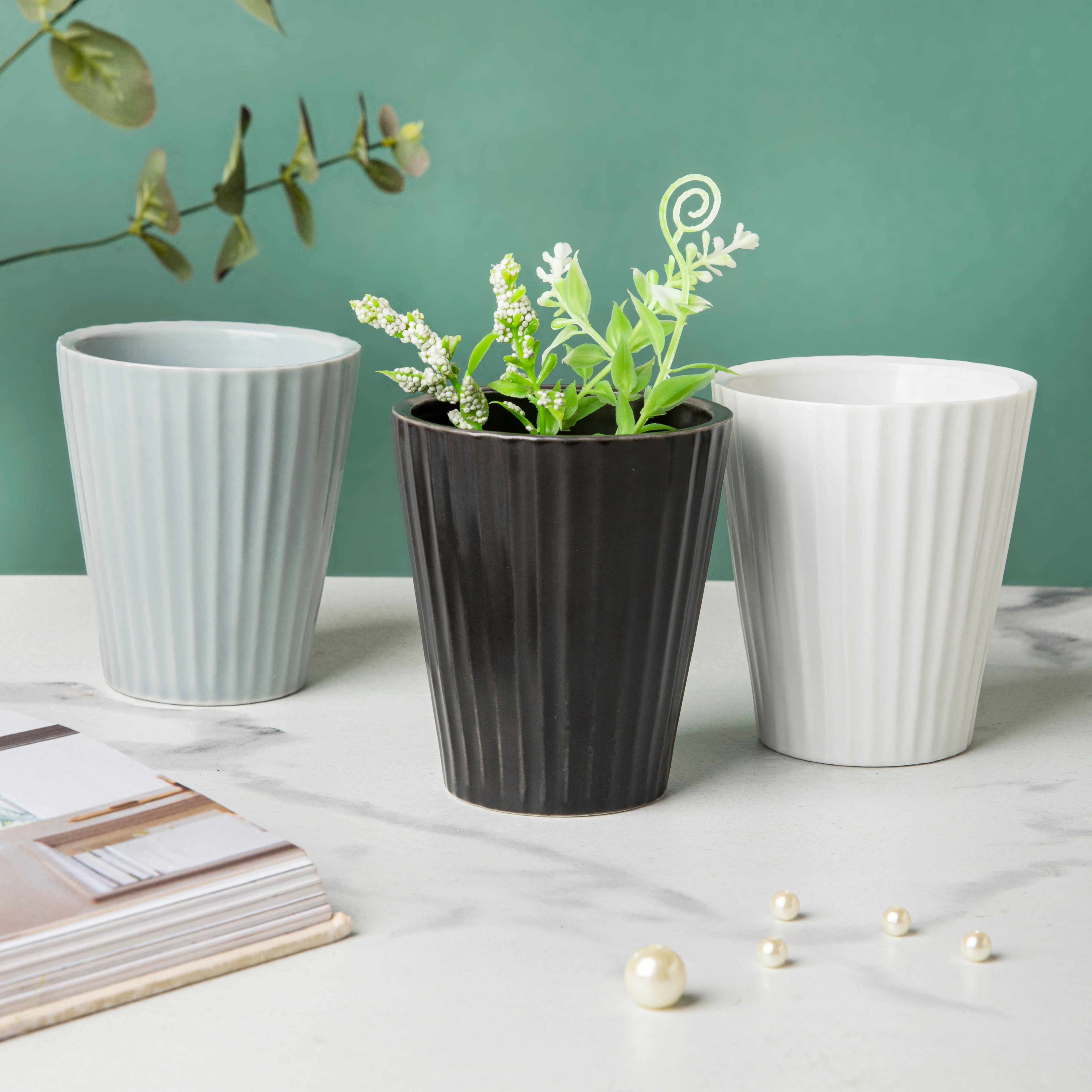 Nordic White Ribbed Ceramic Planter - Image 6