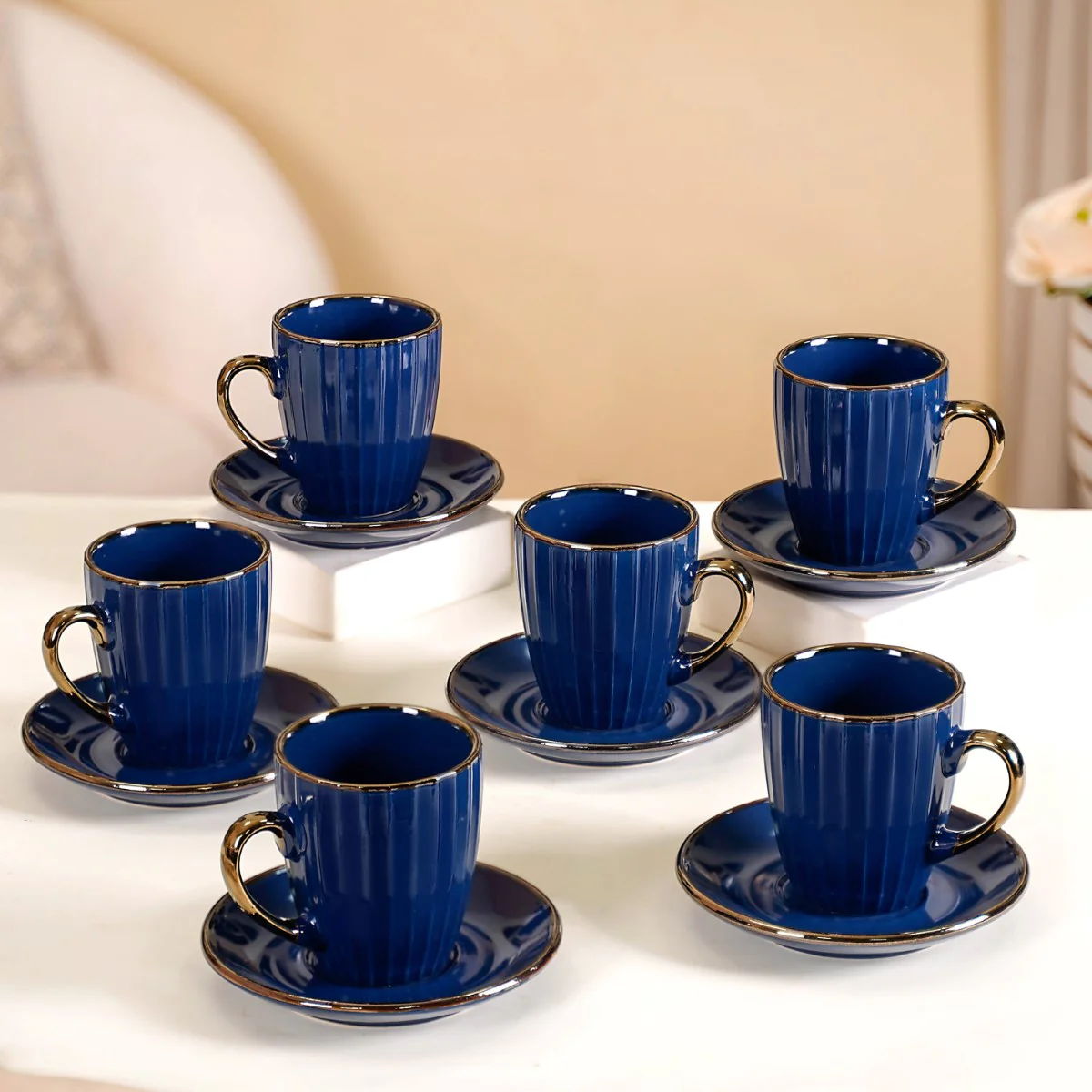 Nori Cup And Saucer Set Of 6 Blue With Gold Detail 250ml - Image 10