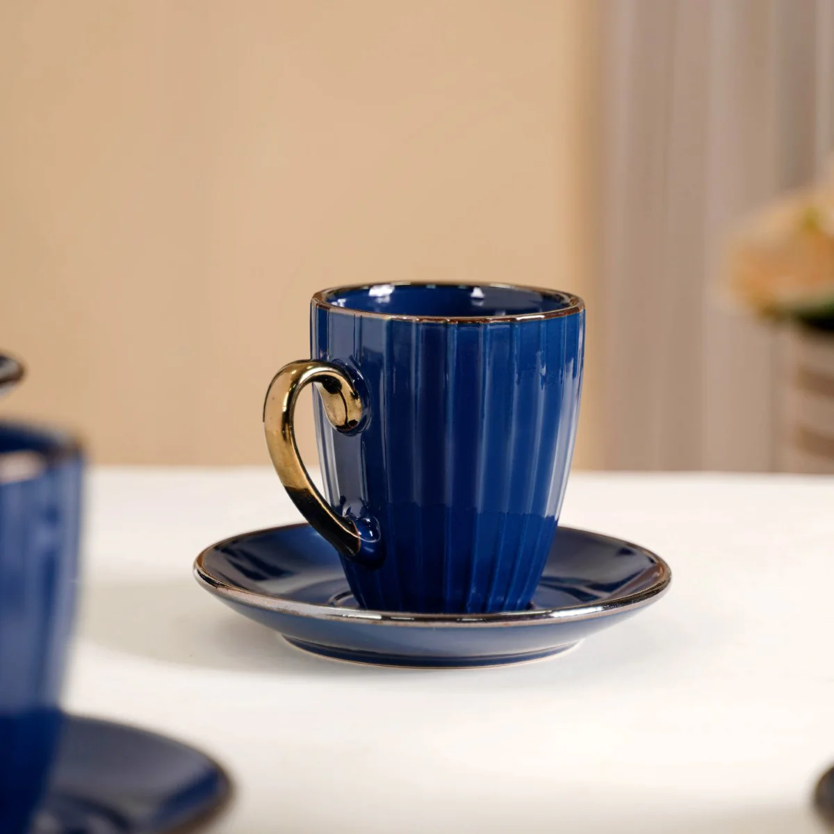 Nori Cup And Saucer Set Of 6 Blue With Gold Detail 250ml - Image 2