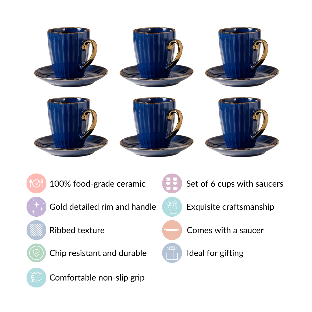 Nori Cup And Saucer Set Of 6 Blue With Gold Detail 250ml - Image 5