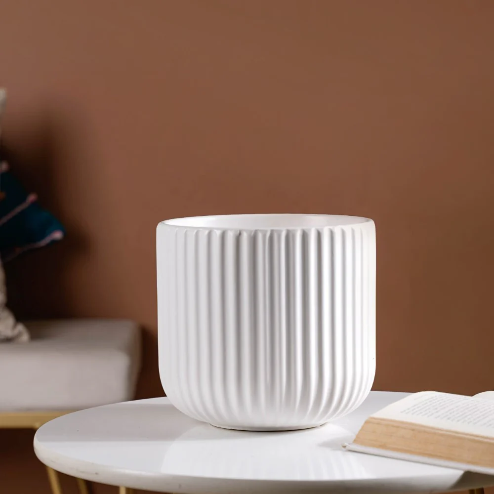 Oat White Ribbed Flower Pot - Image 5