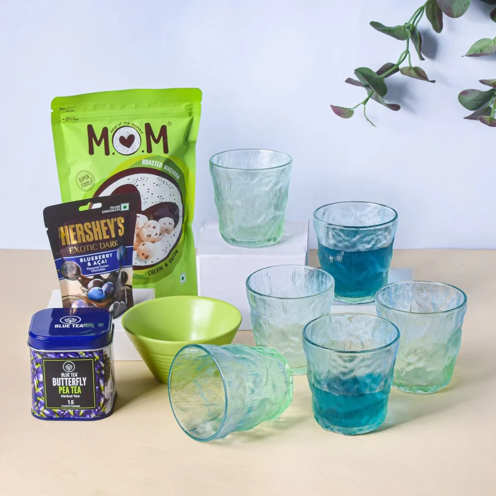 Ocean Blue Glass And Snack Bowl Festive Hamper Set Of 5 - Image 2