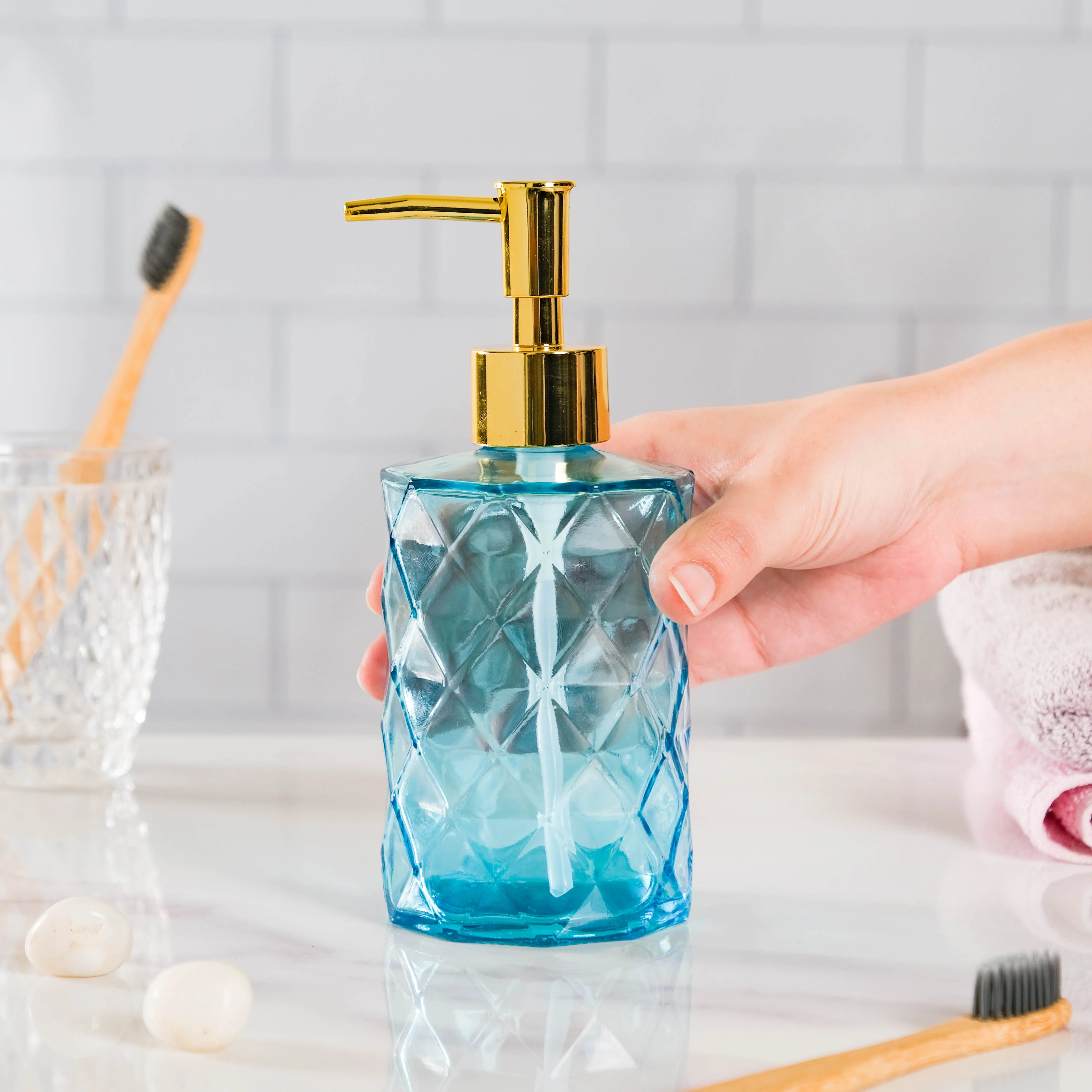 Ocean Blue Textured Glass Dispenser With Nozzle - Image 2