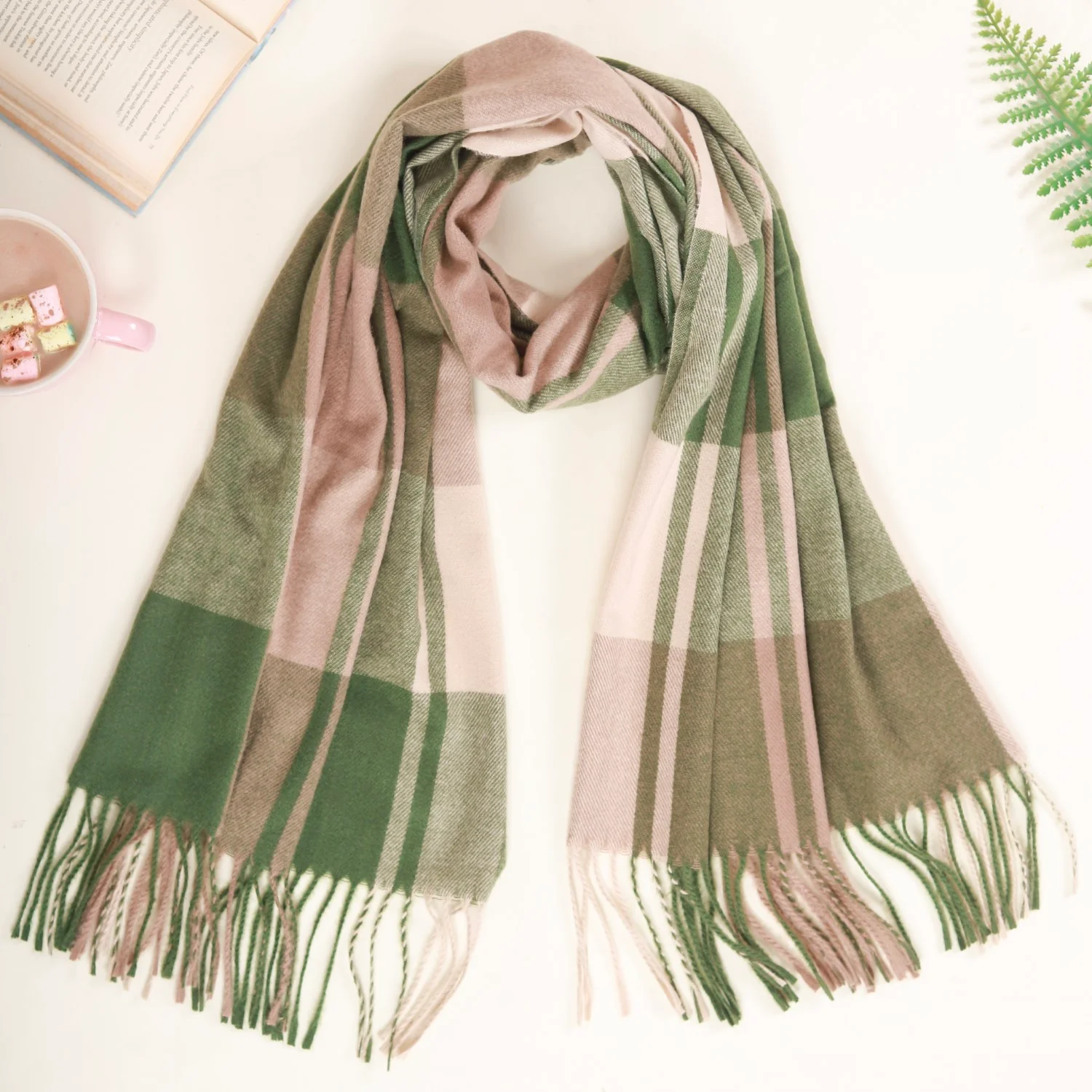 Olive Green Checkered Blanket Scarf
