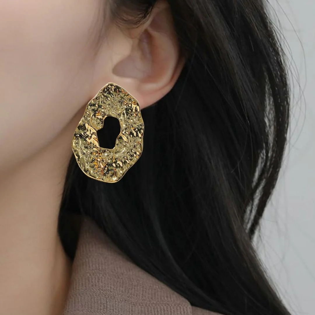 Oval Hollow Abstract Textured Gold Earrings - Image 6