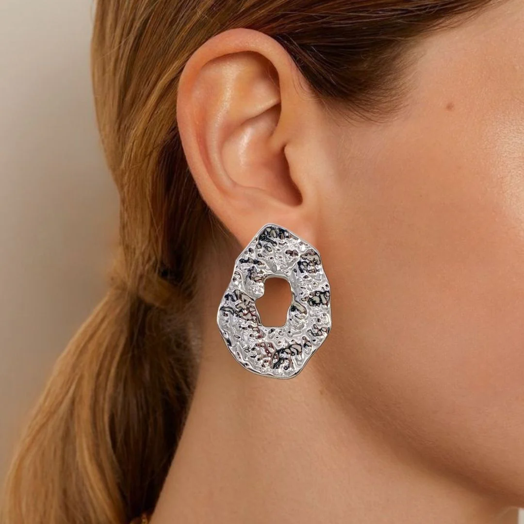 Oval Hollow Abstract Textured Silver Earrings - Image 2