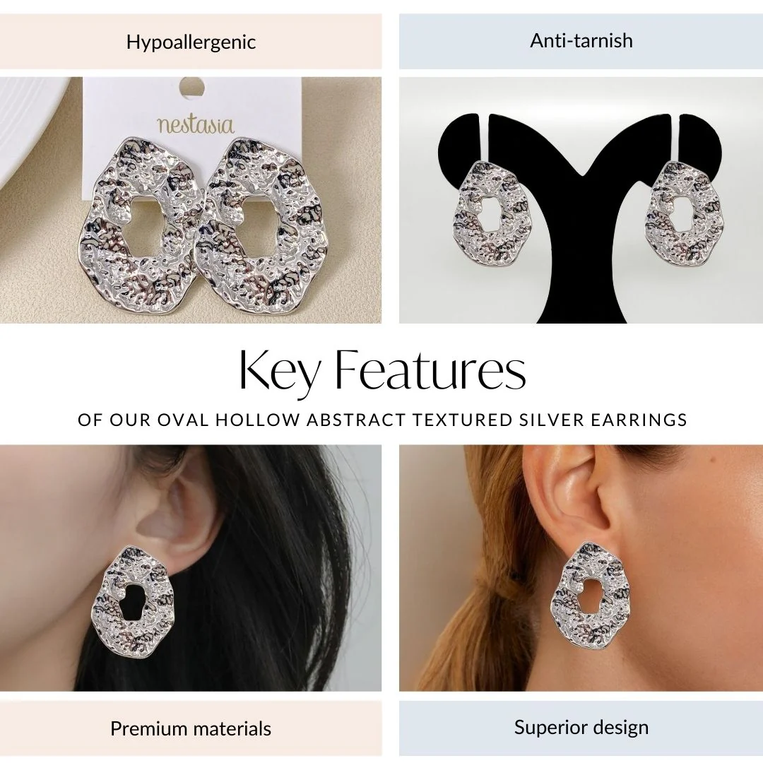 Oval Hollow Abstract Textured Silver Earrings - Image 4