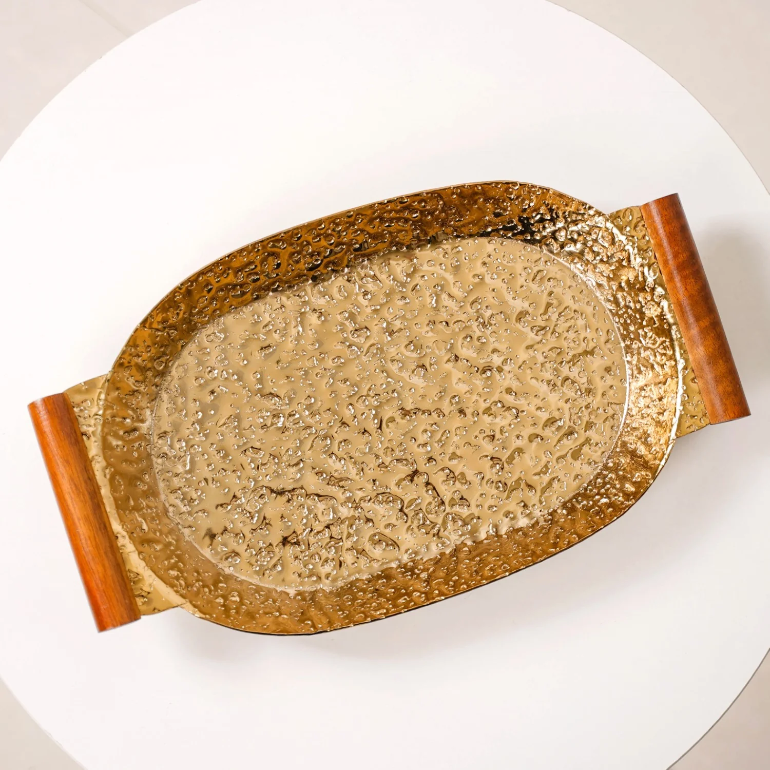 Oval Metal Tray With Wooden Handle Gold 13x8 Inch - Image 4