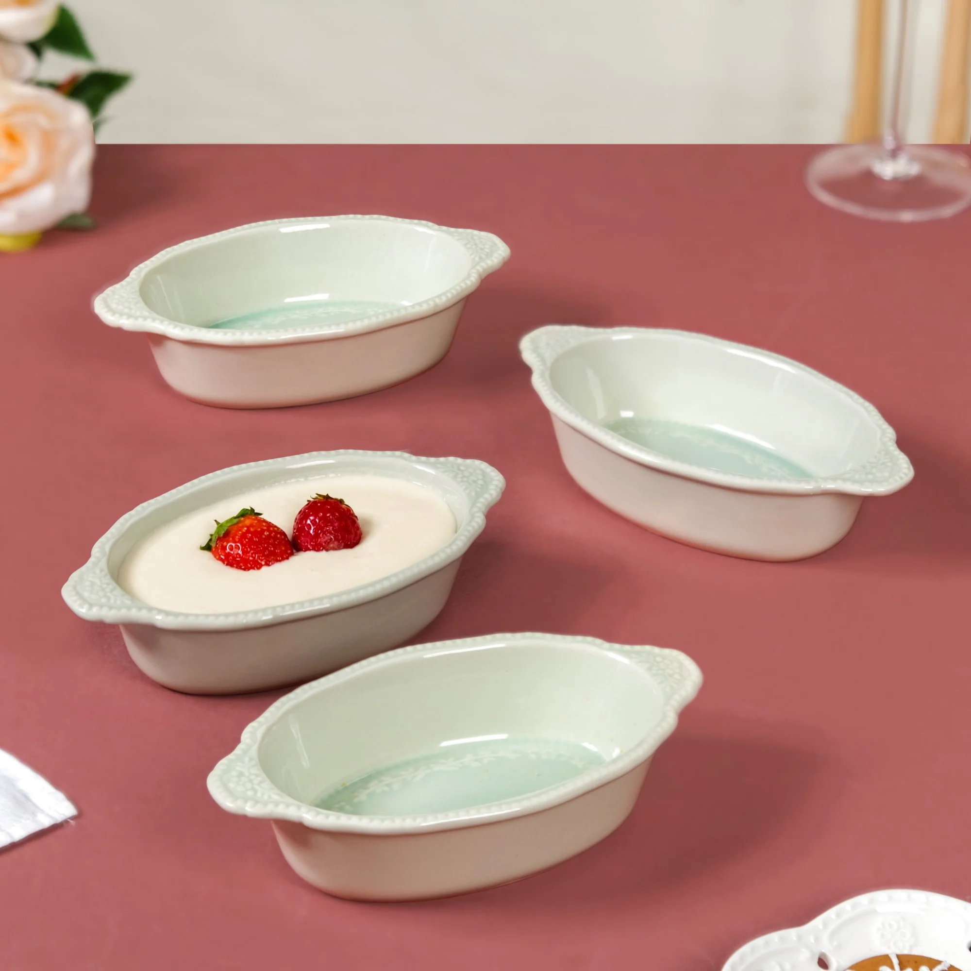 Oval Small Baking Bowl With Handle Set Of 4 Green 200ml