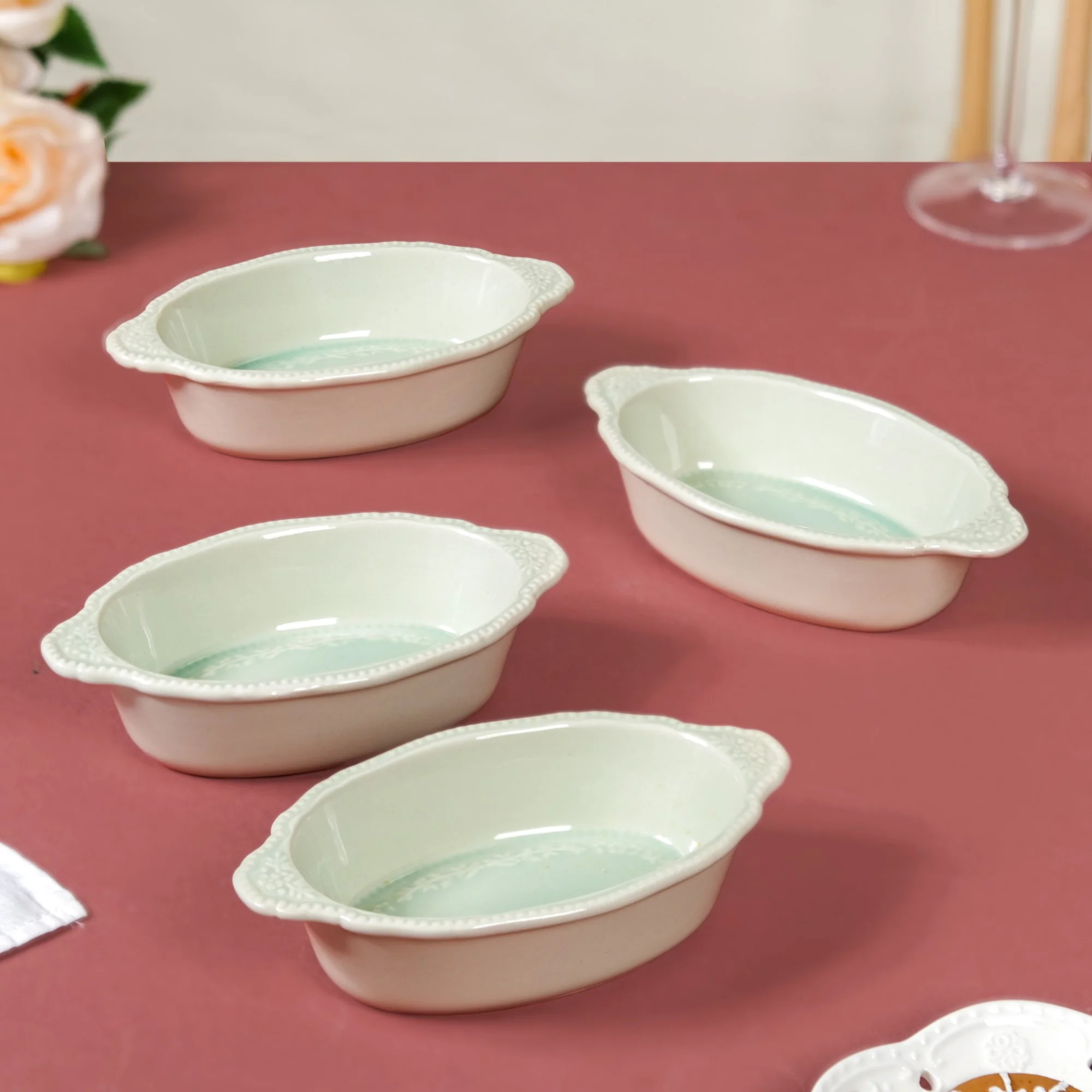 Oval Small Baking Bowl With Handle Set Of 4 Green 200ml - Image 2