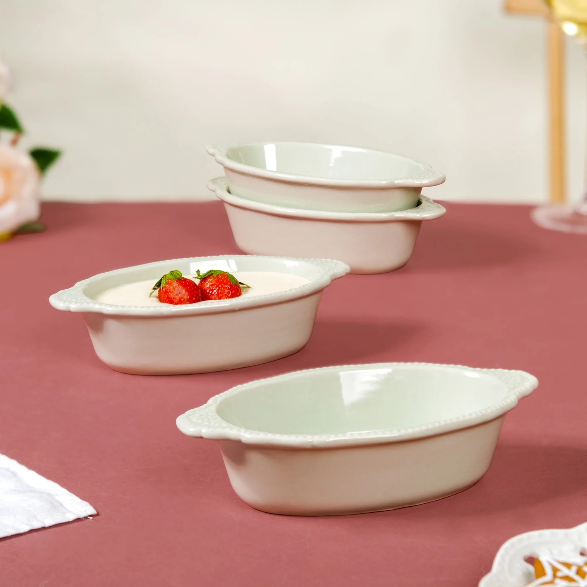 Oval Small Baking Bowl With Handle Set Of 4 Green 200ml - Image 6