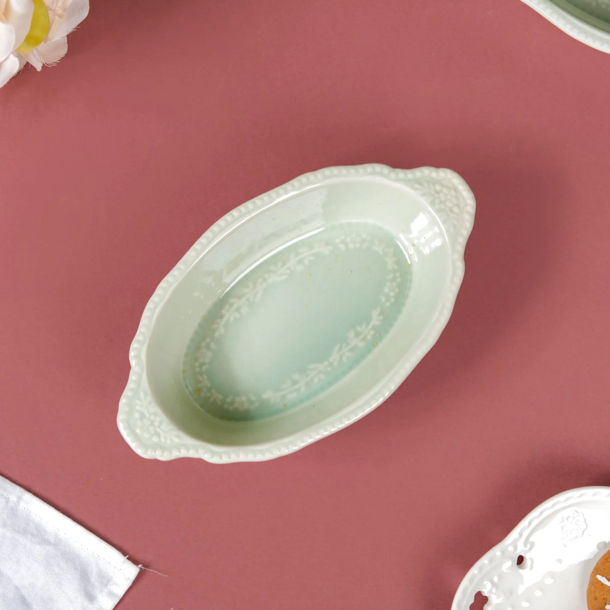 Oval Small Baking Bowl With Handle Set Of 4 Green 200ml - Image 7