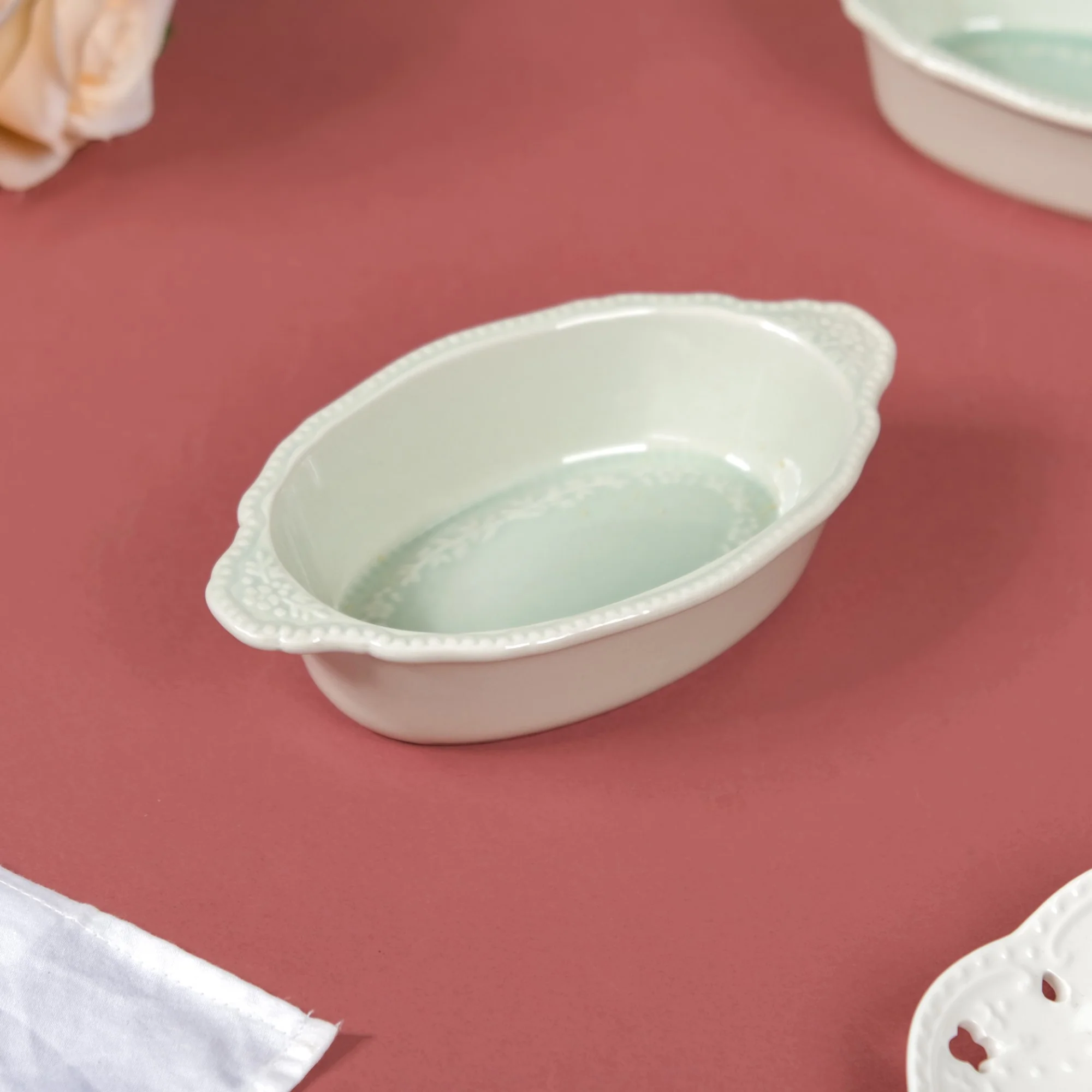 Oval Small Baking Bowl With Handle Set Of 4 Green 200ml - Image 8