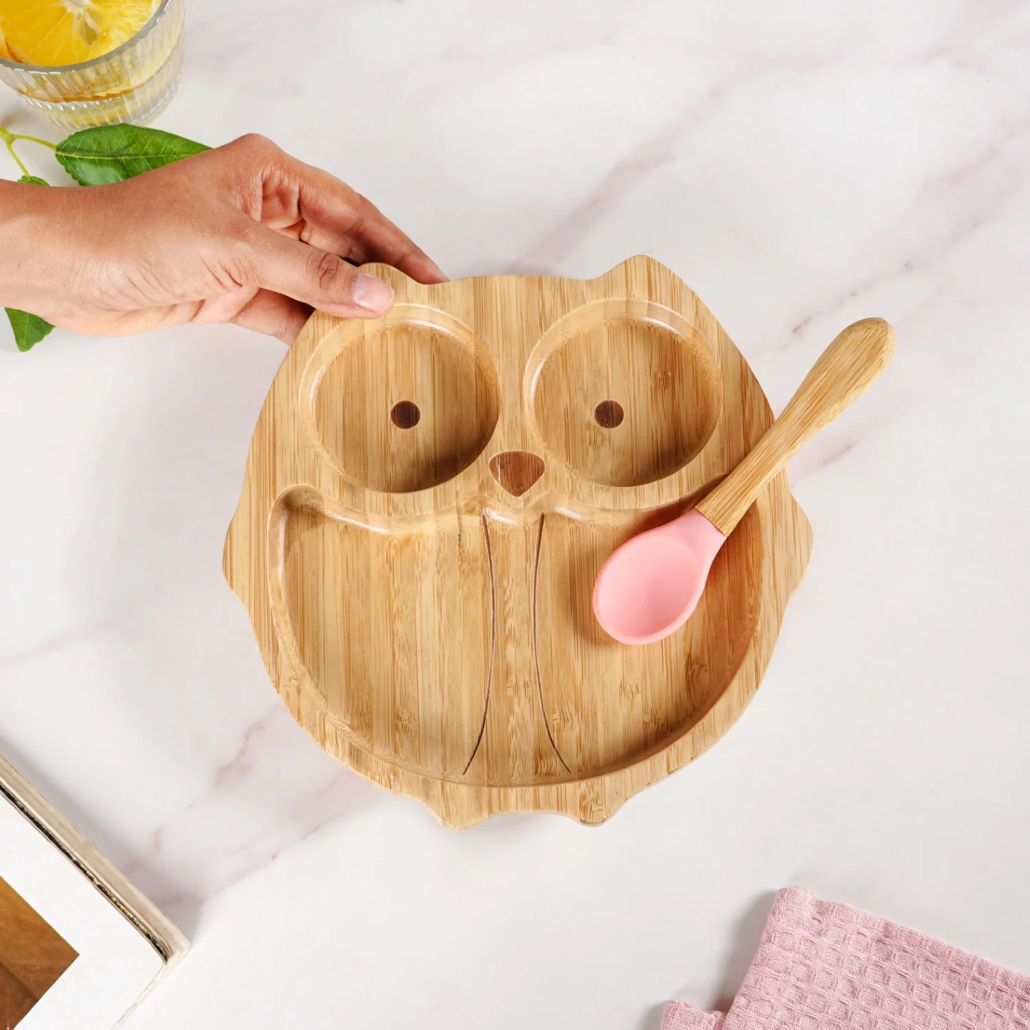 Owl Suction Base All Natural Bamboo Divided Plate Silicon Spoon Set - Image 3