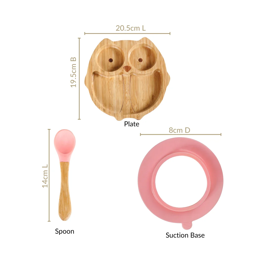 Owl Suction Base All Natural Bamboo Divided Plate Silicon Spoon Set - Image 4