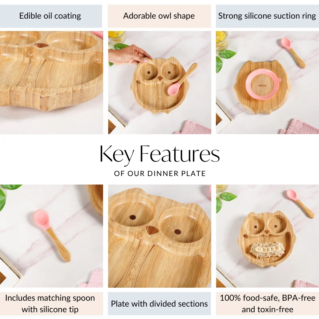 Owl Suction Base All Natural Bamboo Divided Plate Silicon Spoon Set - Image 5