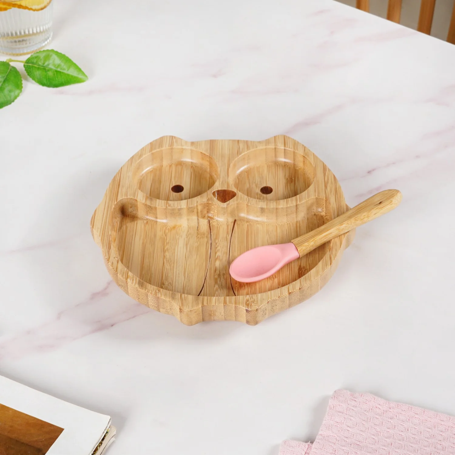 Owl Suction Base All Natural Bamboo Divided Plate Silicon Spoon Set - Image 9