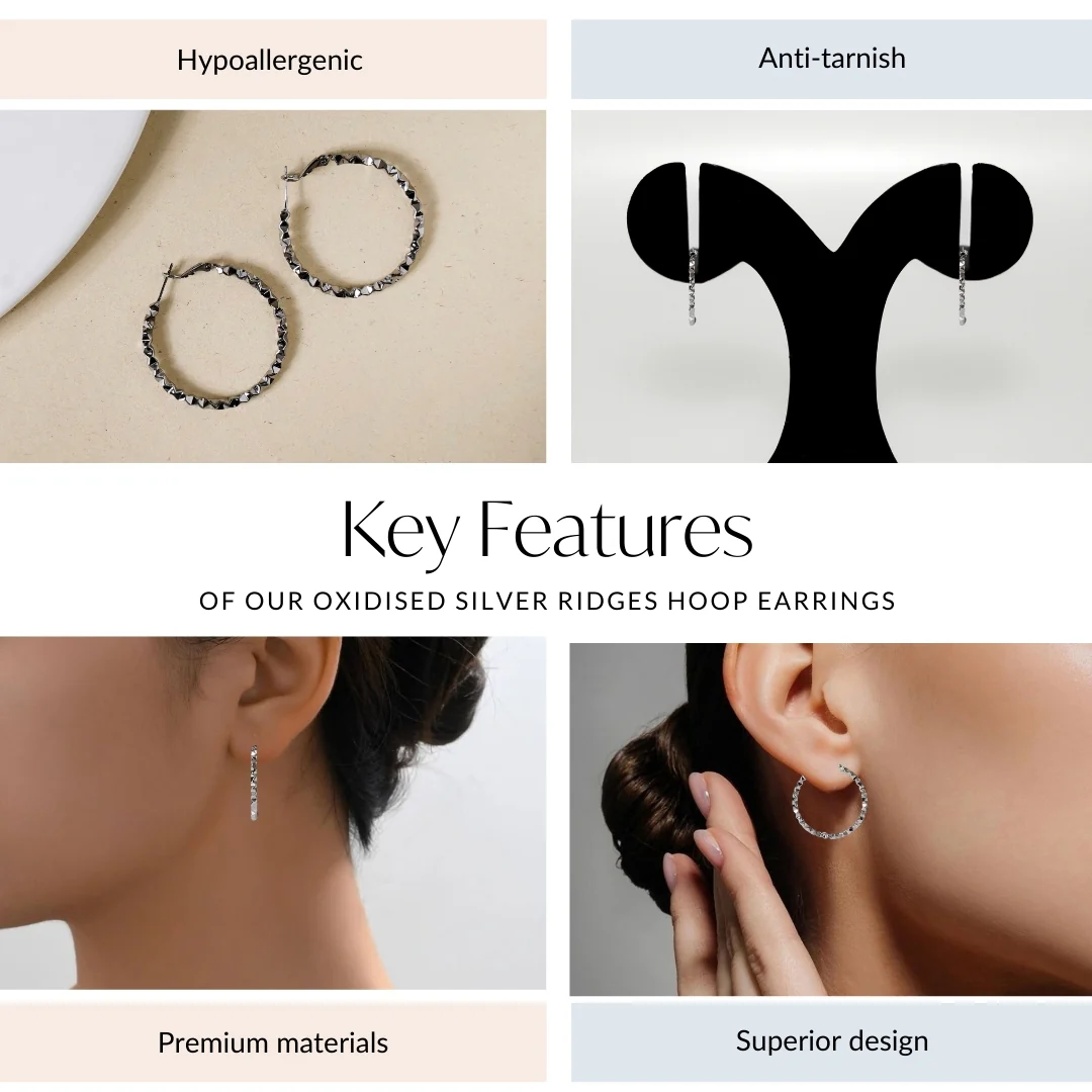 Oxidised Silver Ridges Hoop Earrings - Image 4
