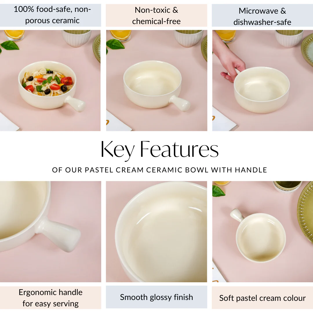 Pastel Cream Ceramic Bowl With Handle 700ml - Image 5