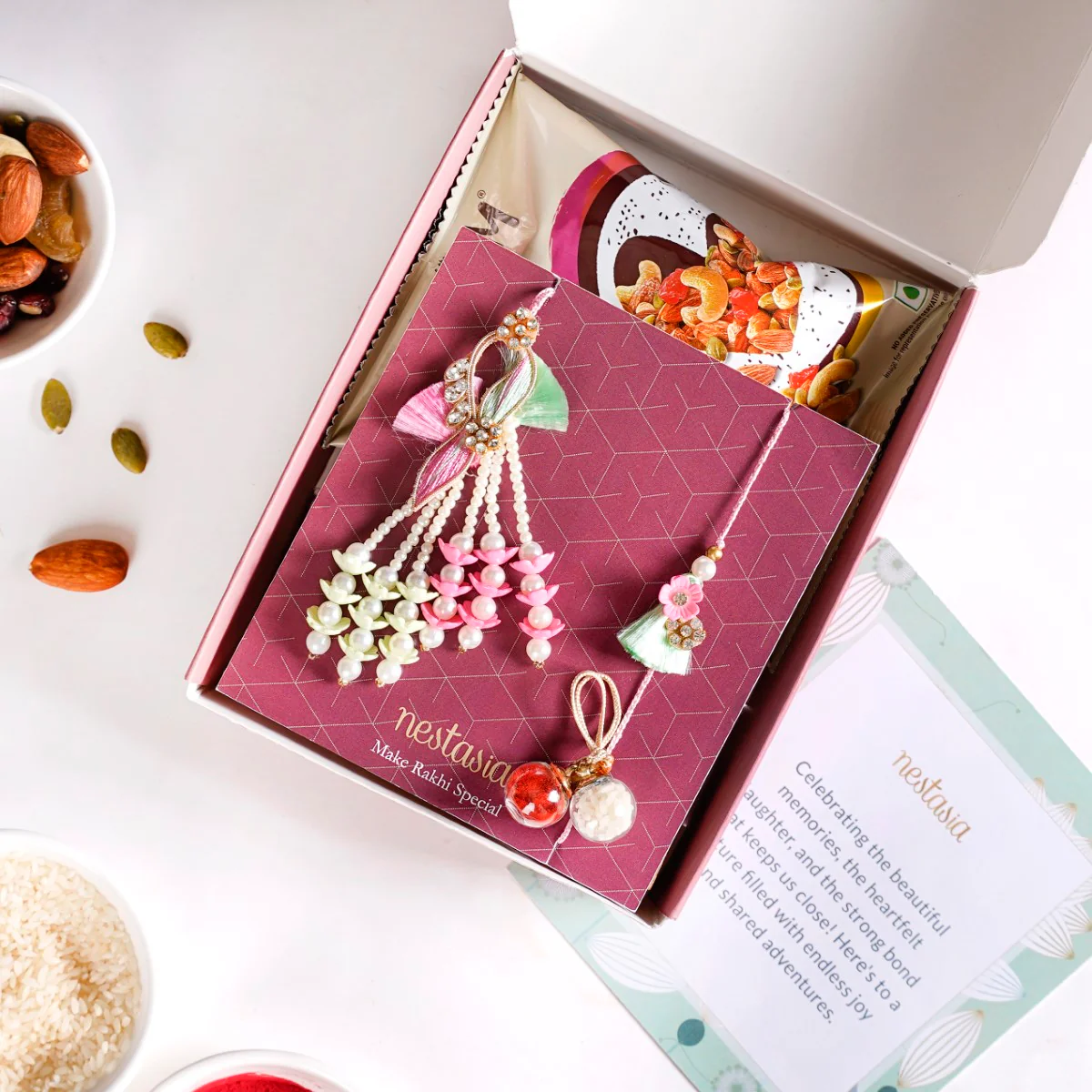 Pastel Floral Couple Rakhi Set Of 4 With Gift Box And Card - Image 3