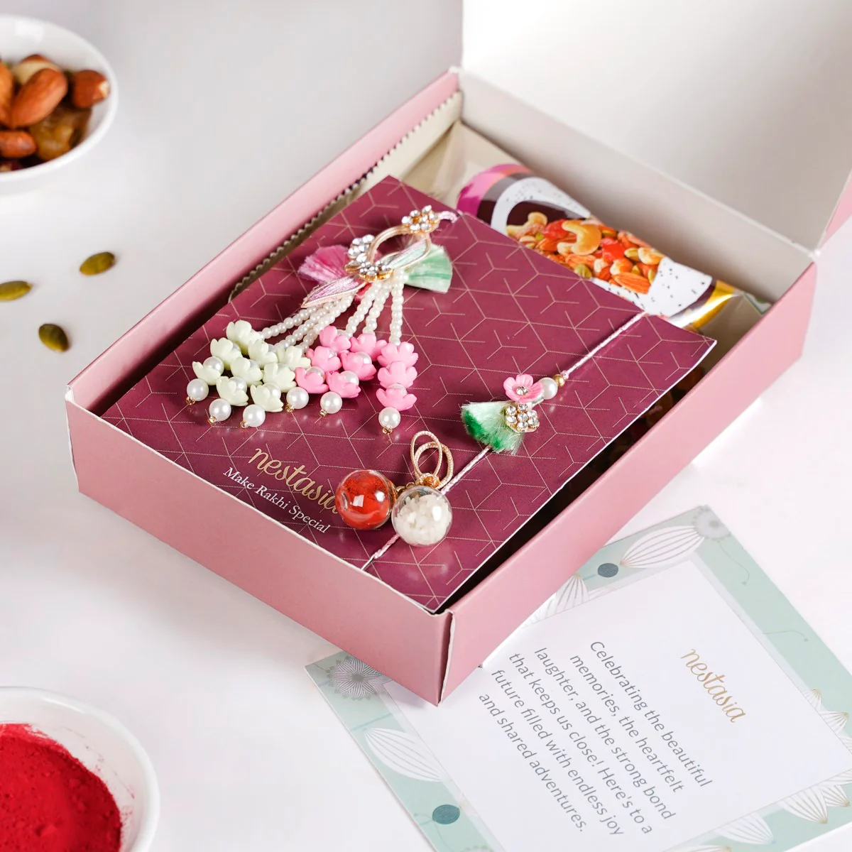 Pastel Floral Couple Rakhi Set Of 4 With Gift Box And Card - Image 4