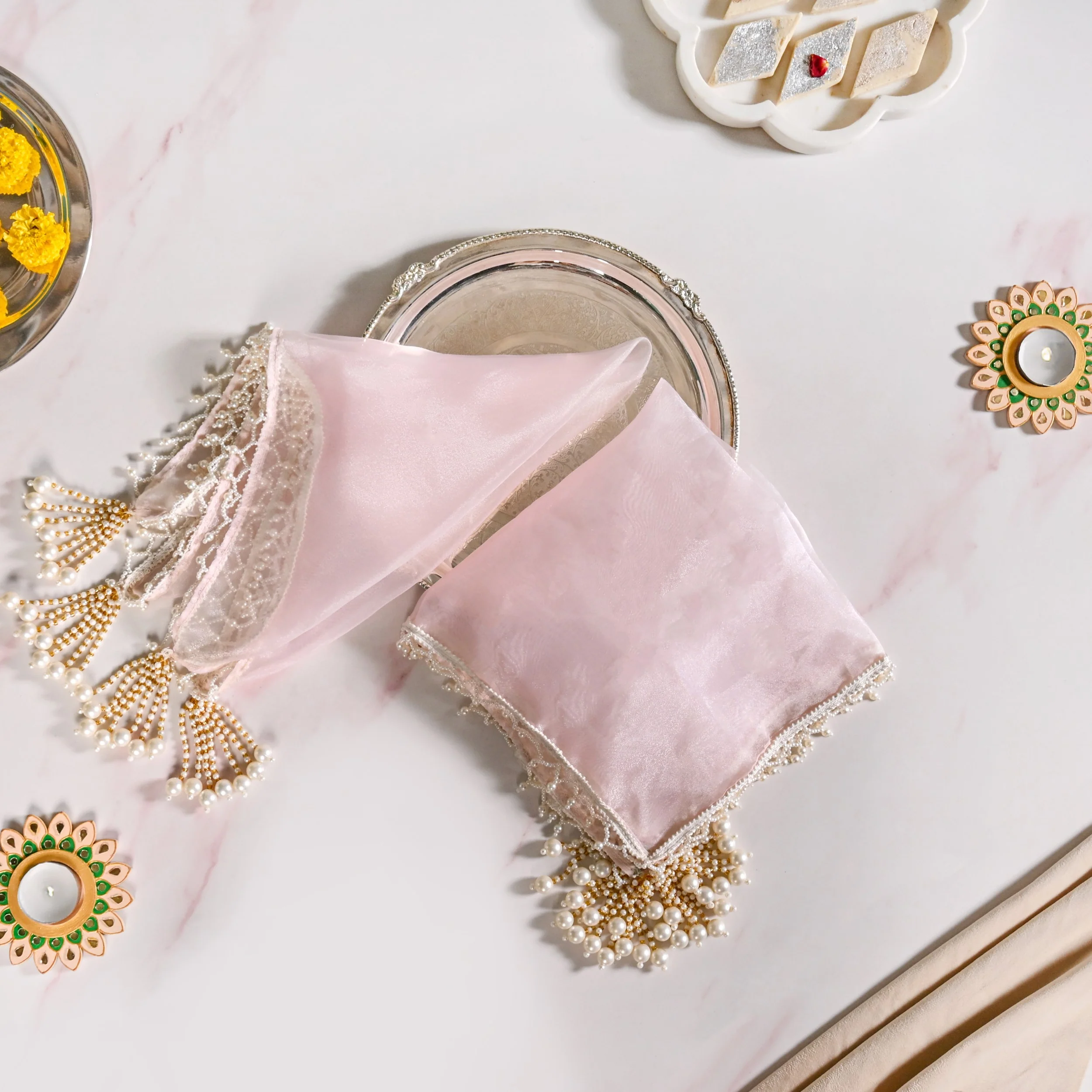 Pastel Pink Tray Cover With Tassels Set Of 2