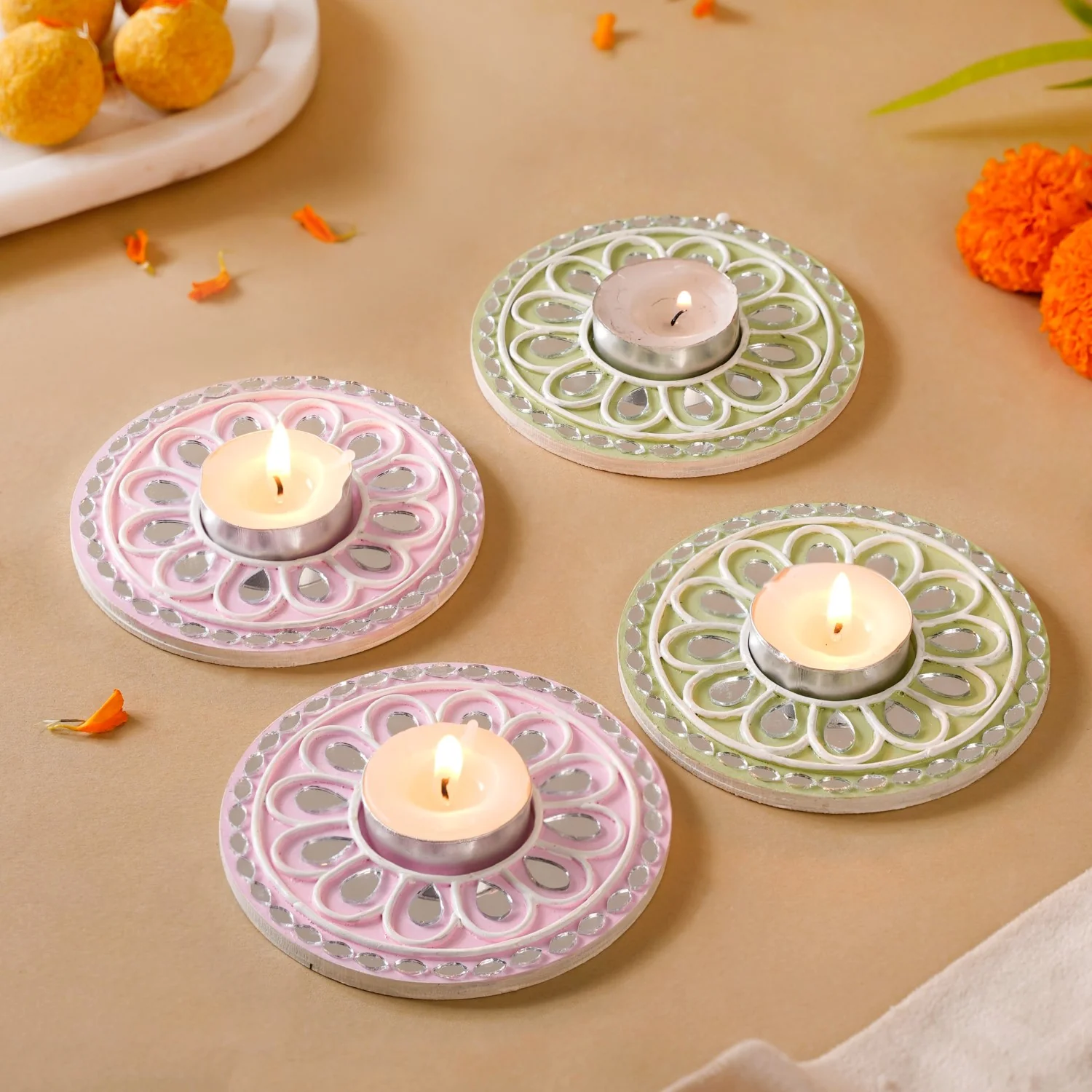 Pastel Tealight Candle Holder With Lippan Art Mirror Work Set Of 4 - Image 2