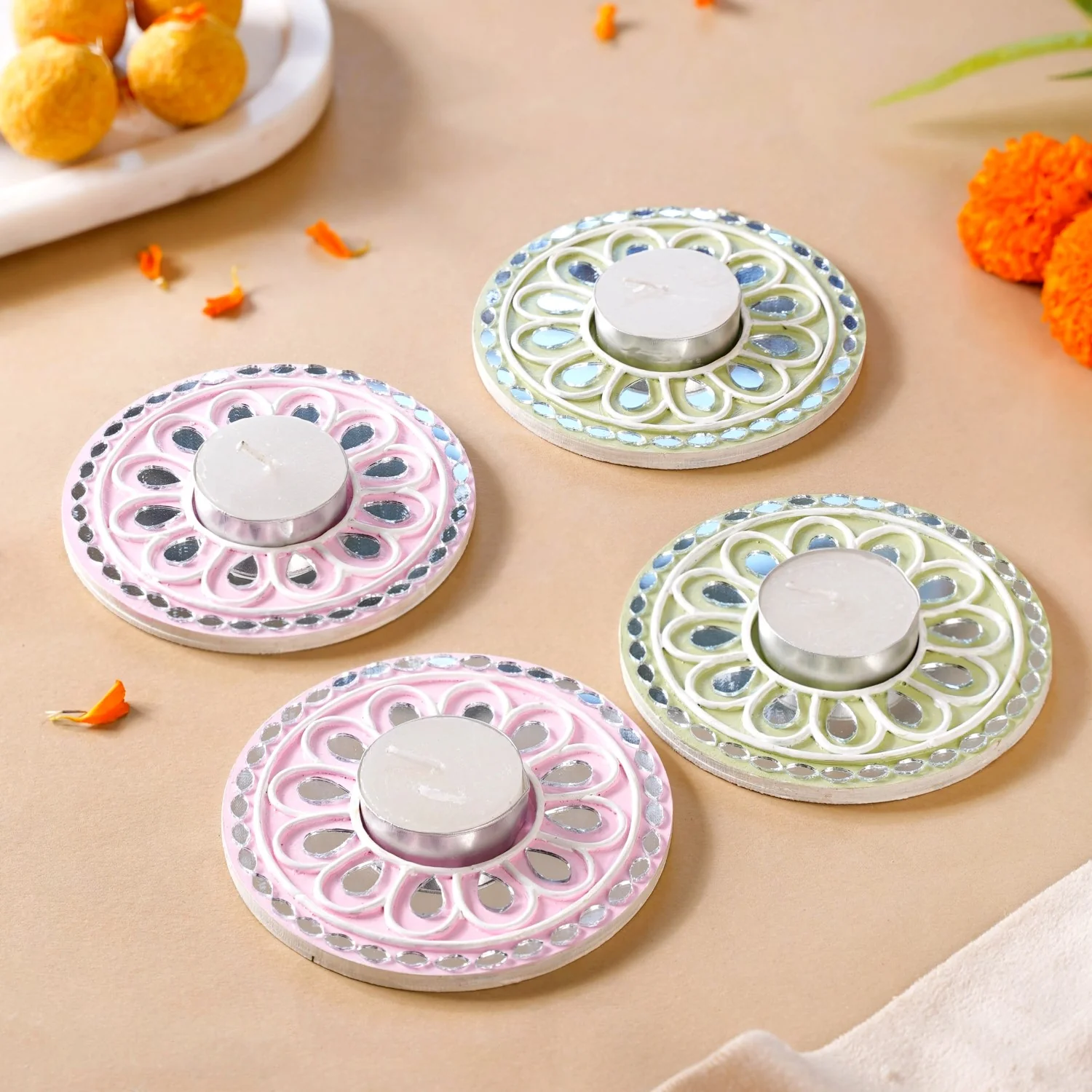 Pastel Tealight Candle Holder With Lippan Art Mirror Work Set Of 4 - Image 3