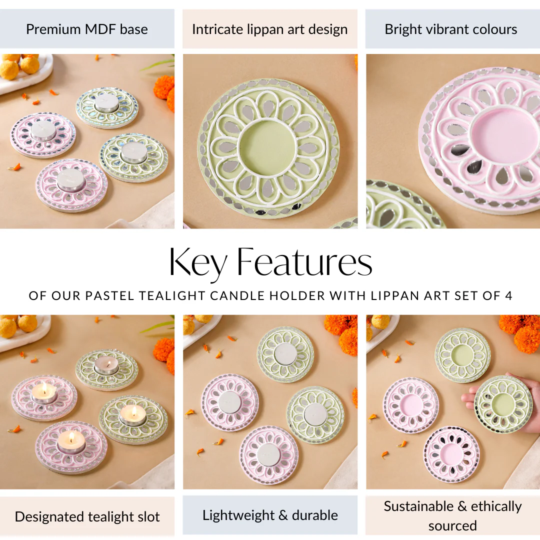 Pastel Tealight Candle Holder With Lippan Art Mirror Work Set Of 4 - Image 5