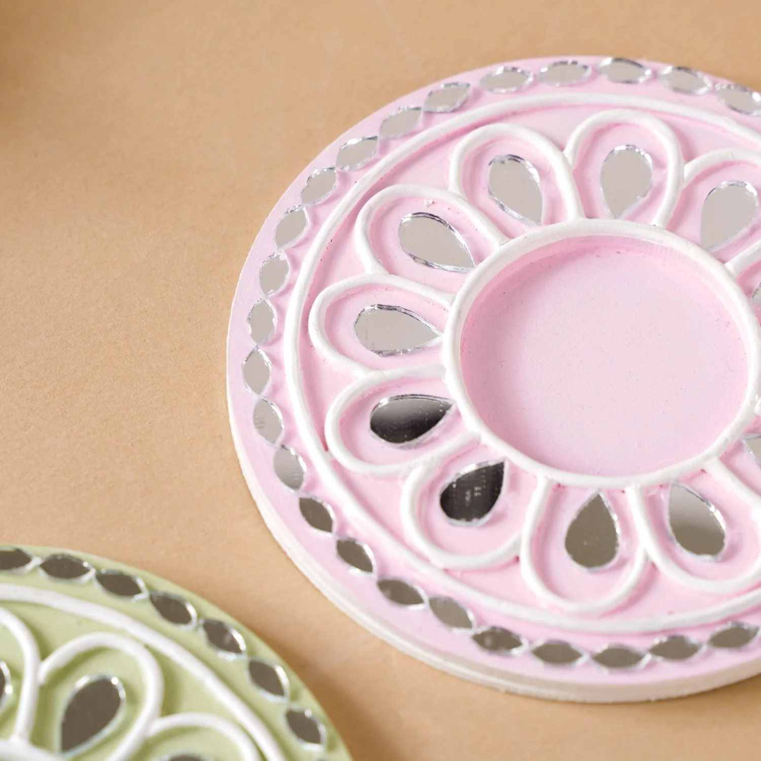 Pastel Tealight Candle Holder With Lippan Art Mirror Work Set Of 4 - Image 8