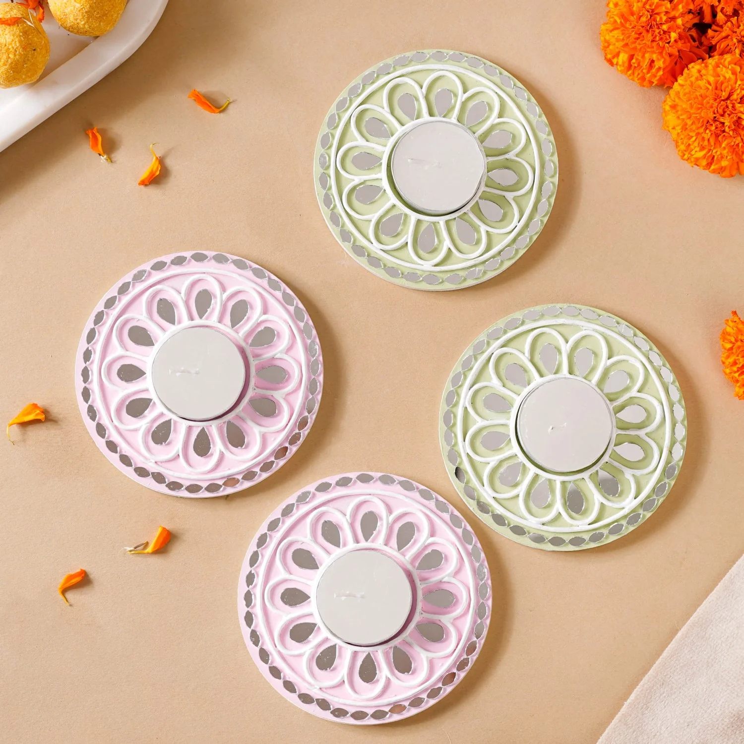 Pastel Tealight Candle Holder With Lippan Art Mirror Work Set Of 4 - Image 9