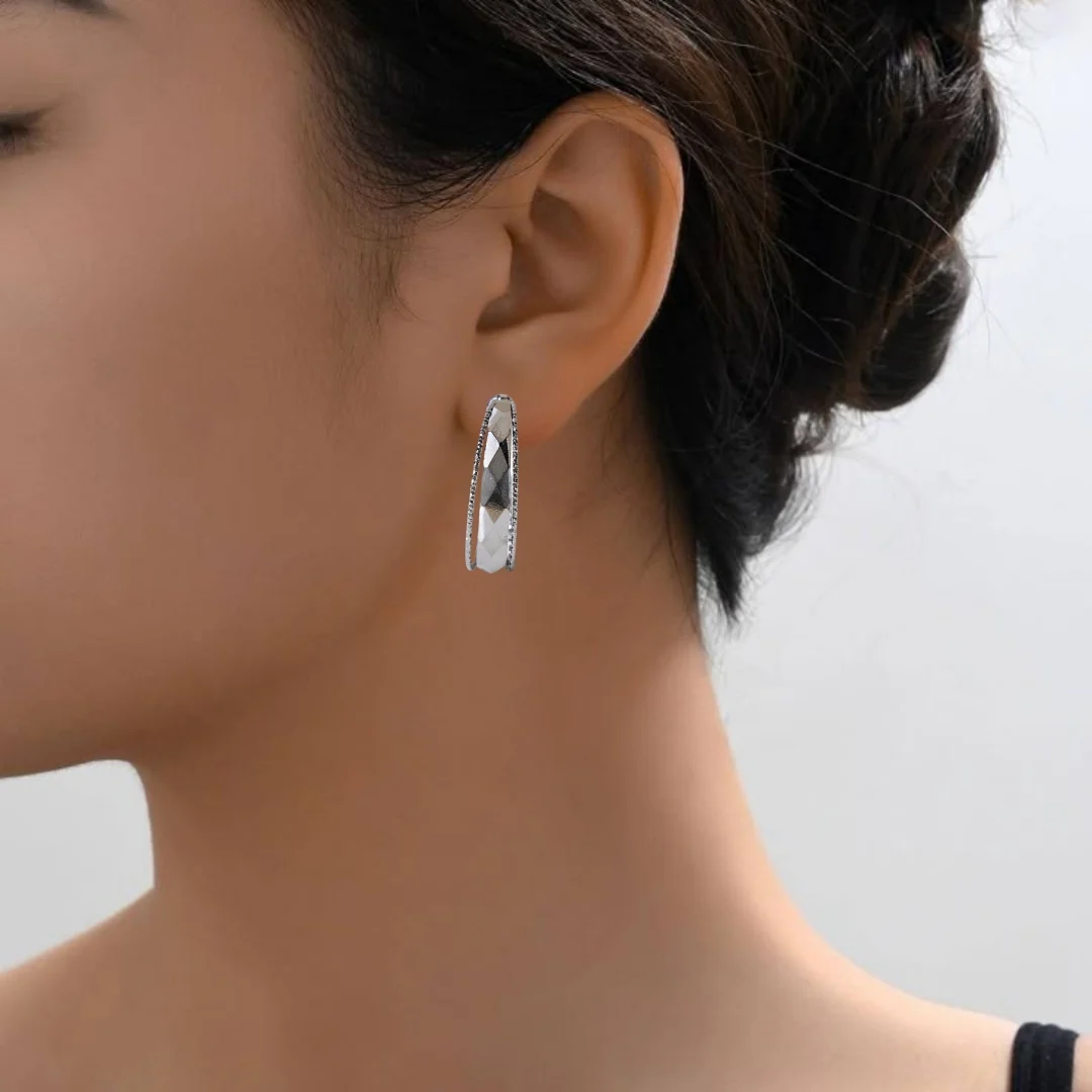 Patterned Geometric Oxidised Silver Hoops - Image 5