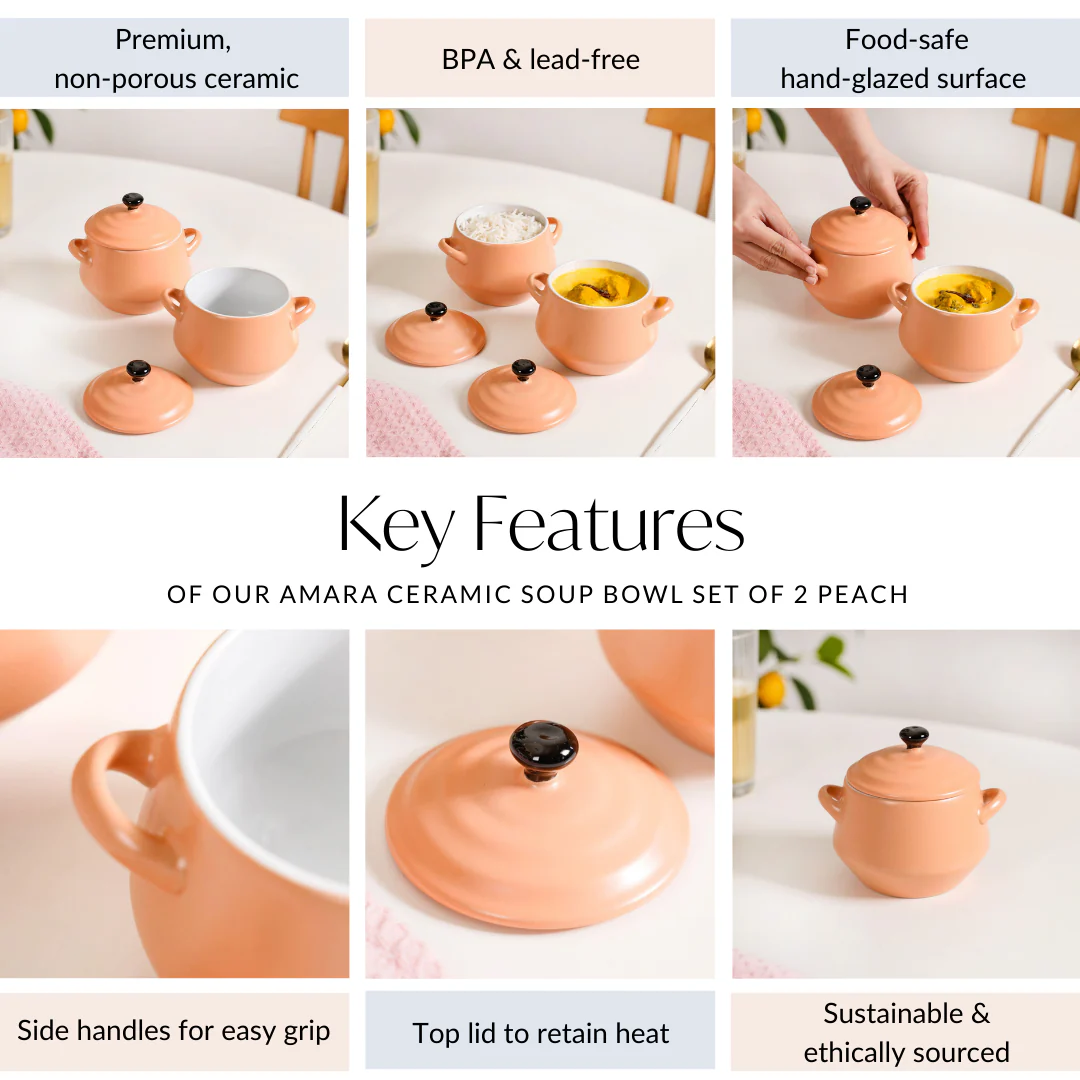 Peach Amara Ceramic Ramen Bowl Set With Lid Of 2 450ml - Image 5