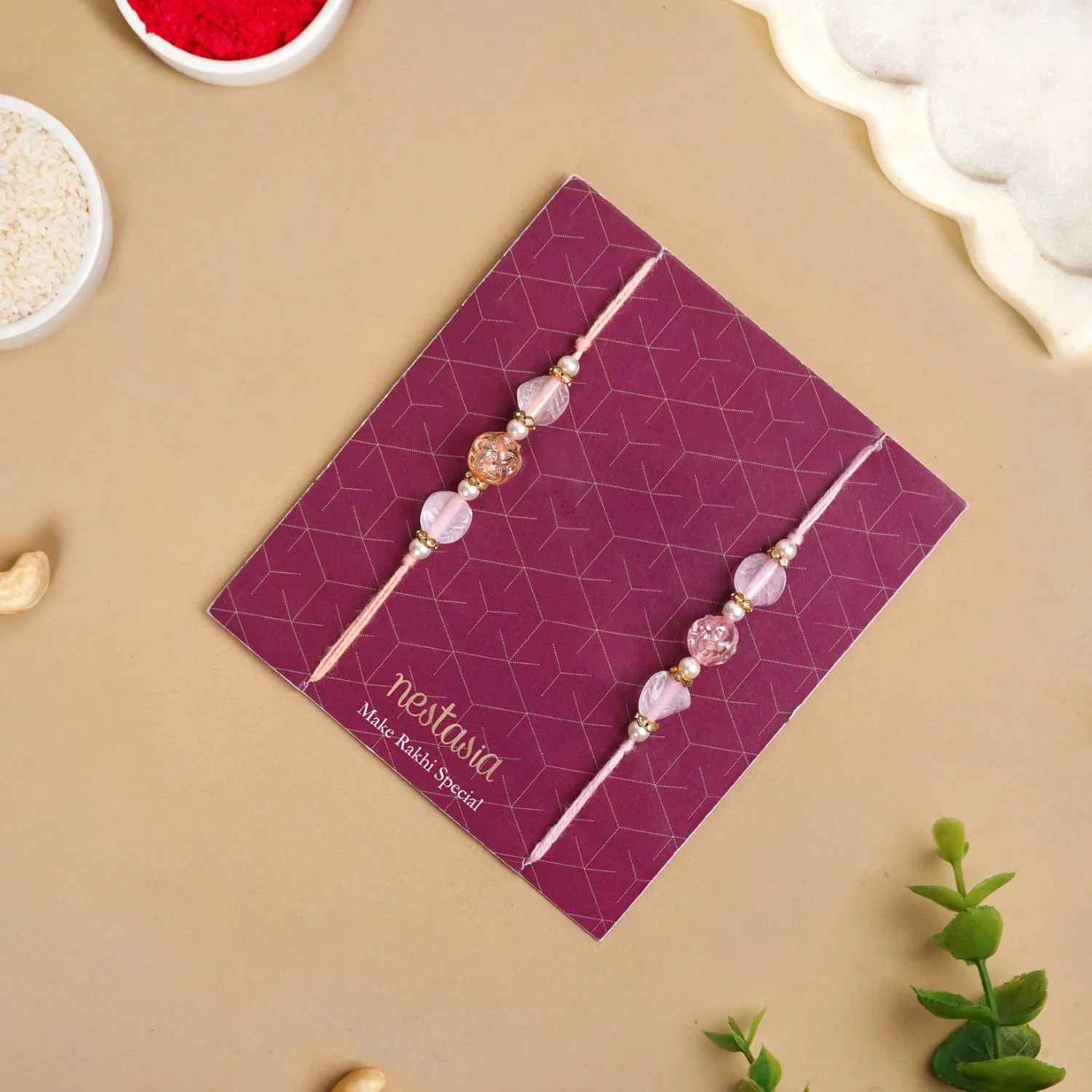Peach and Pink Beaded Rakhi Set Of 2 - Image 6