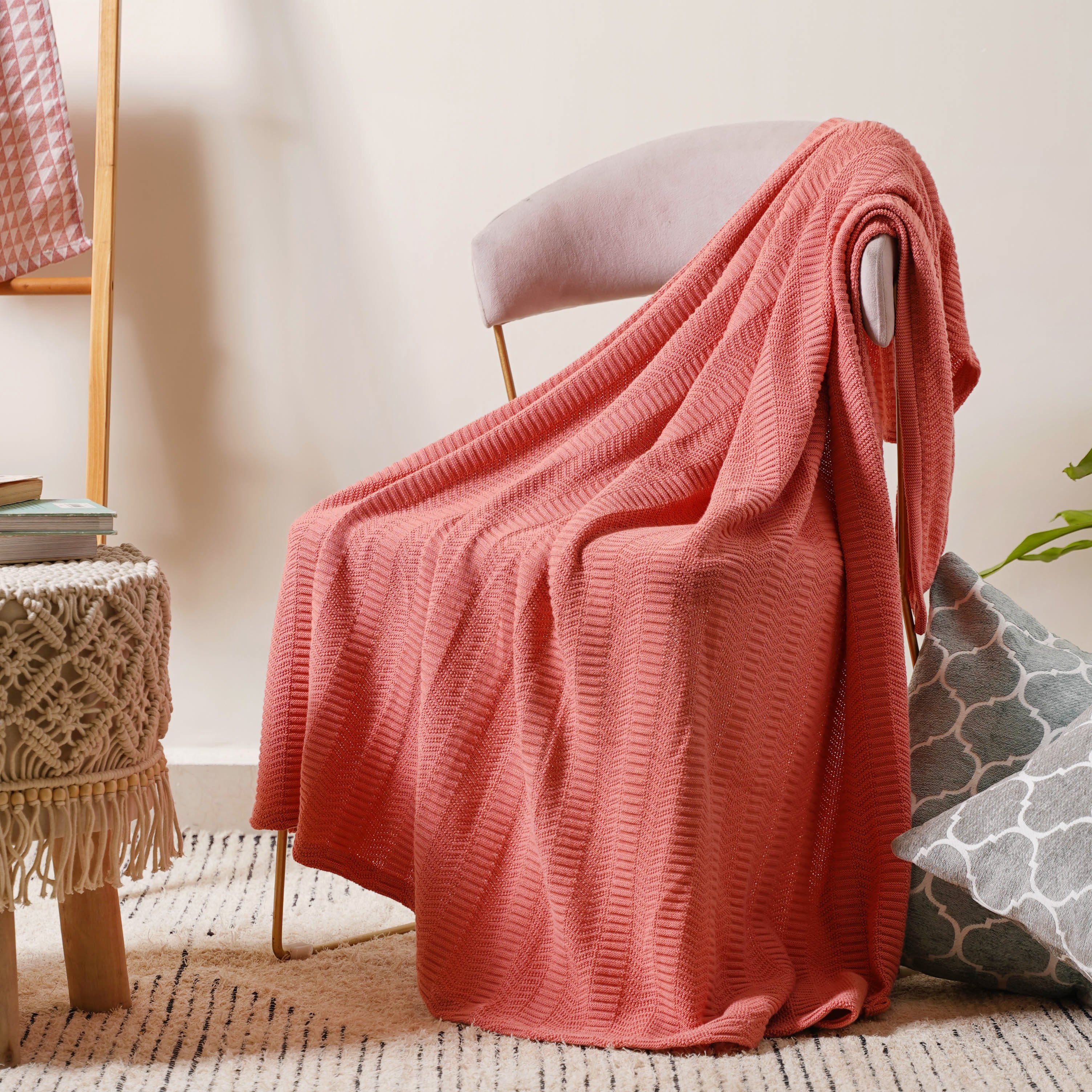 Peach Ribbed Knitted Throw - Image 5