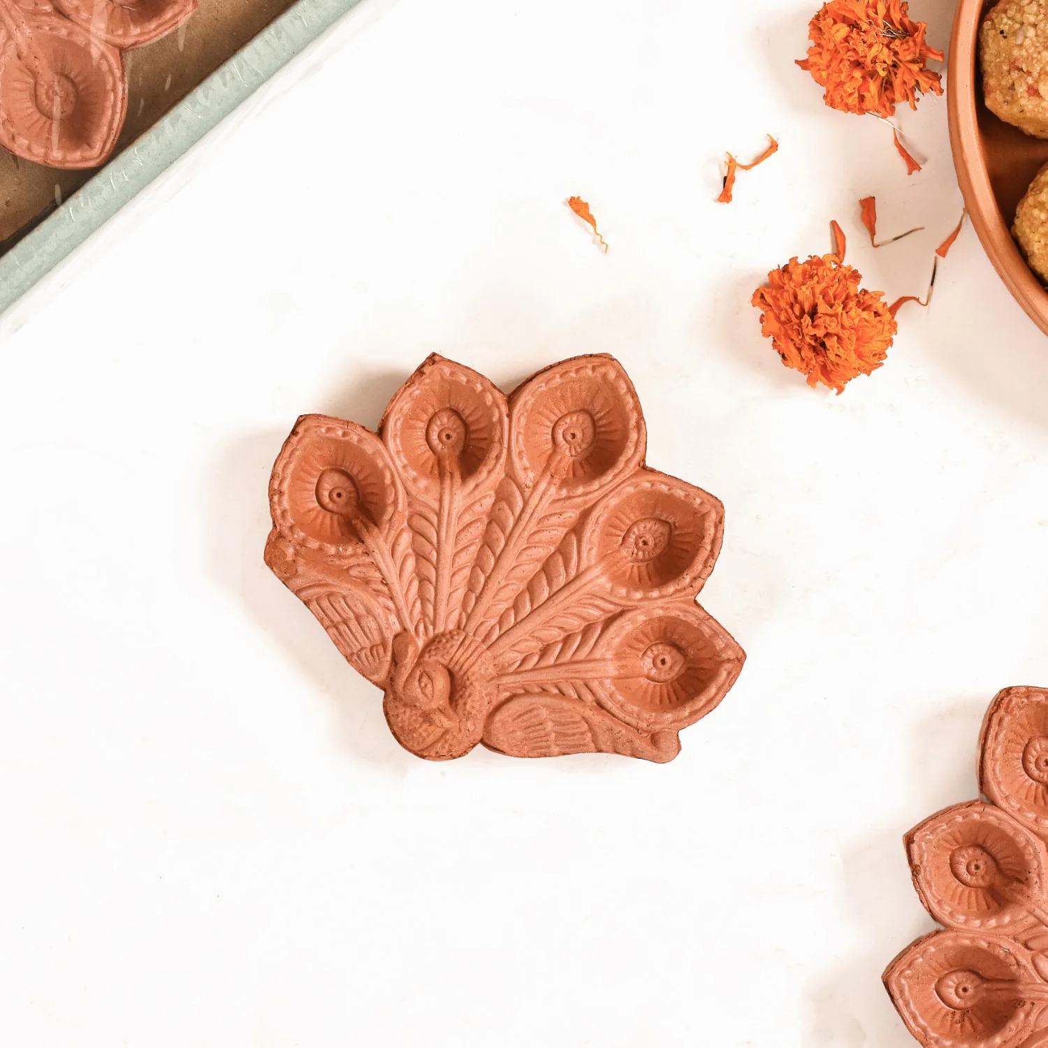 Peacock Feather Engraved Terracotta Diyas Set Of 24 - Image 2