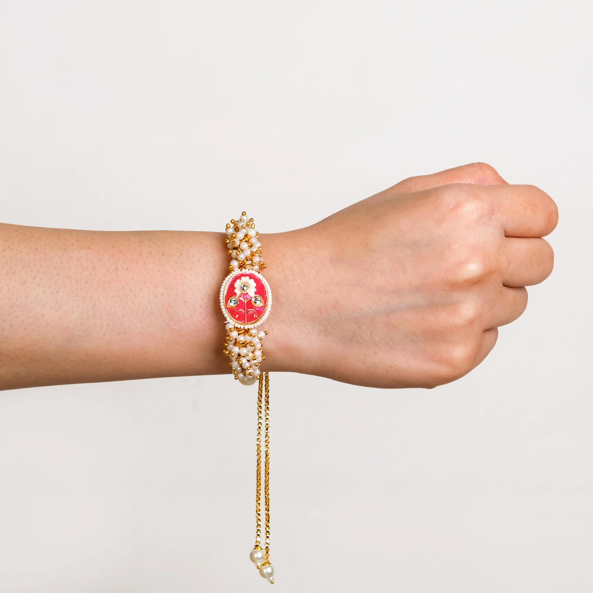 Pearl Cluster Pink Bracelet Rakhi Gift Set - Image 4