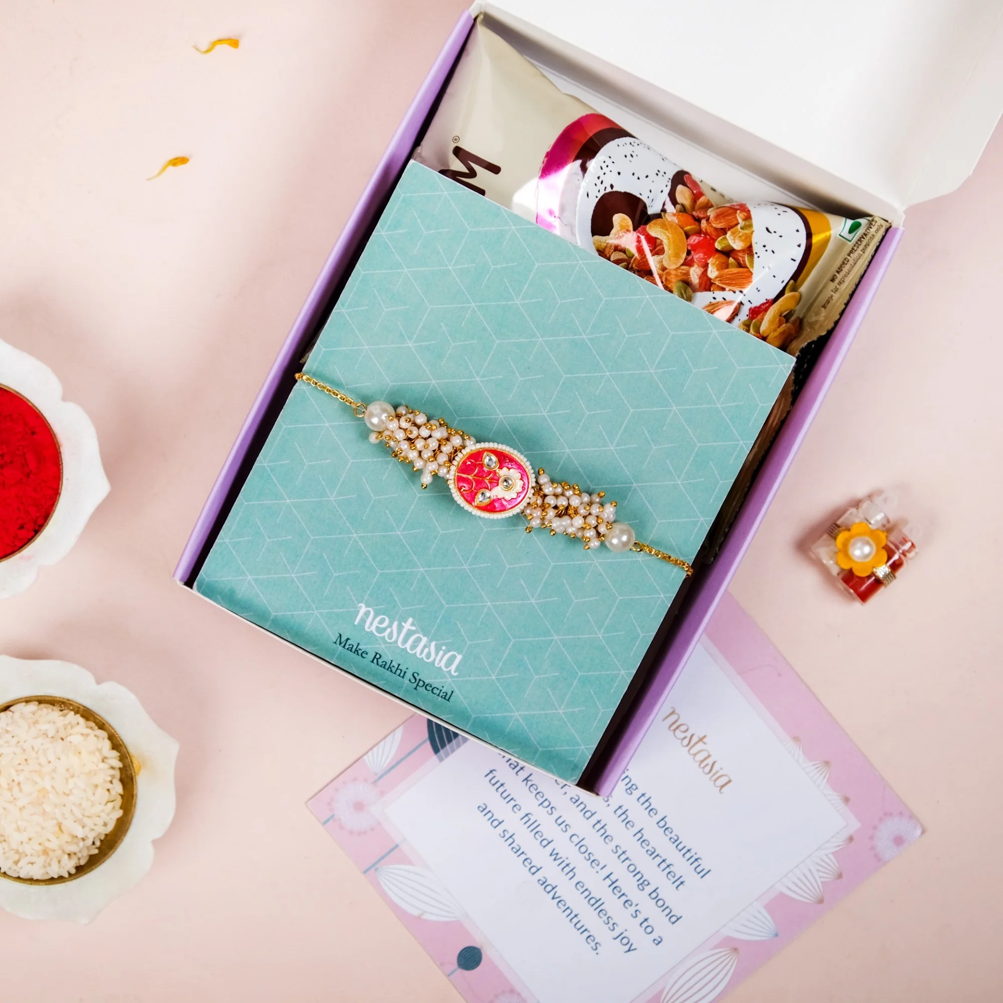 Pearl Cluster Pink Bracelet Rakhi Gift Set - Image 6