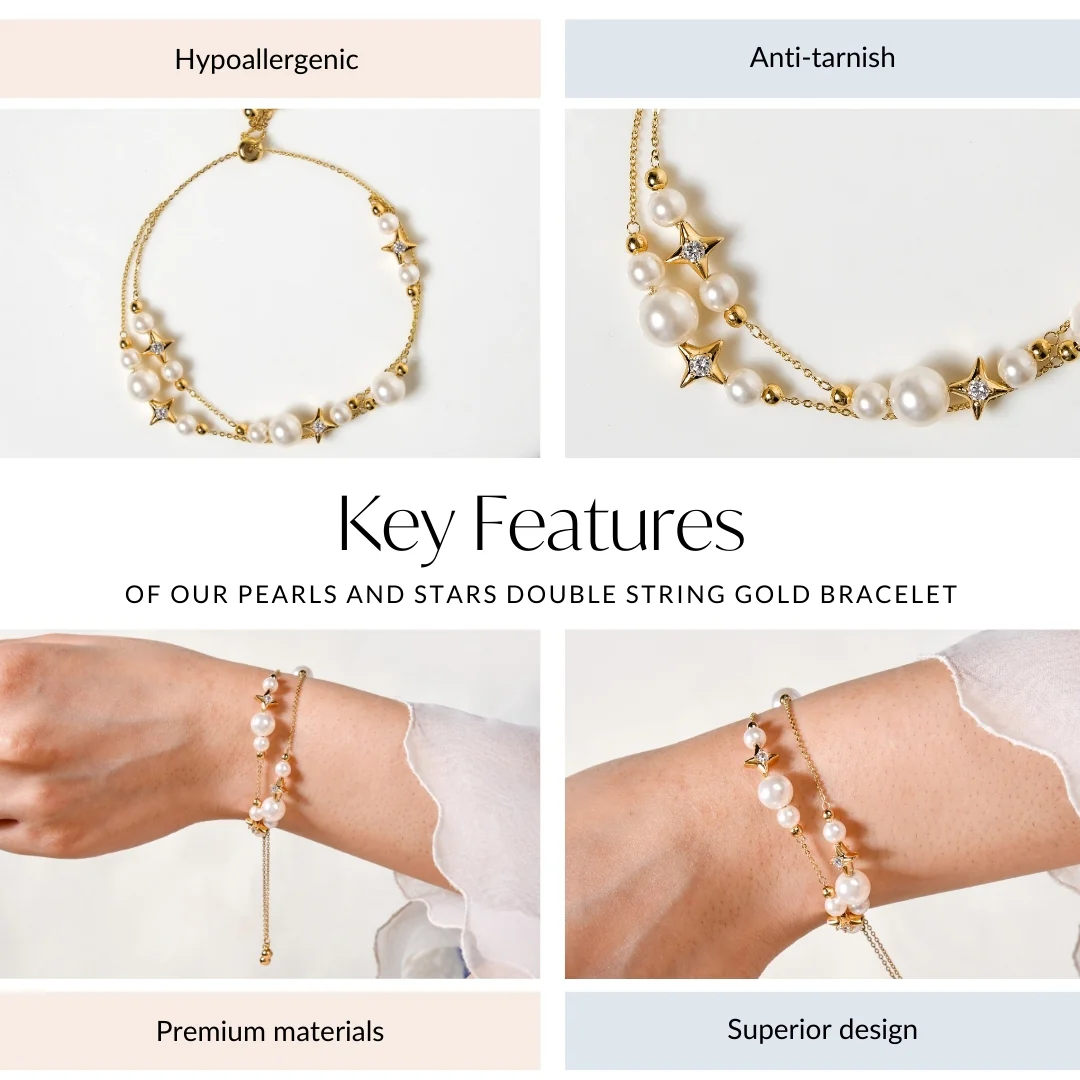 Pearls And Stars Double String Gold Bracelet - Image 4