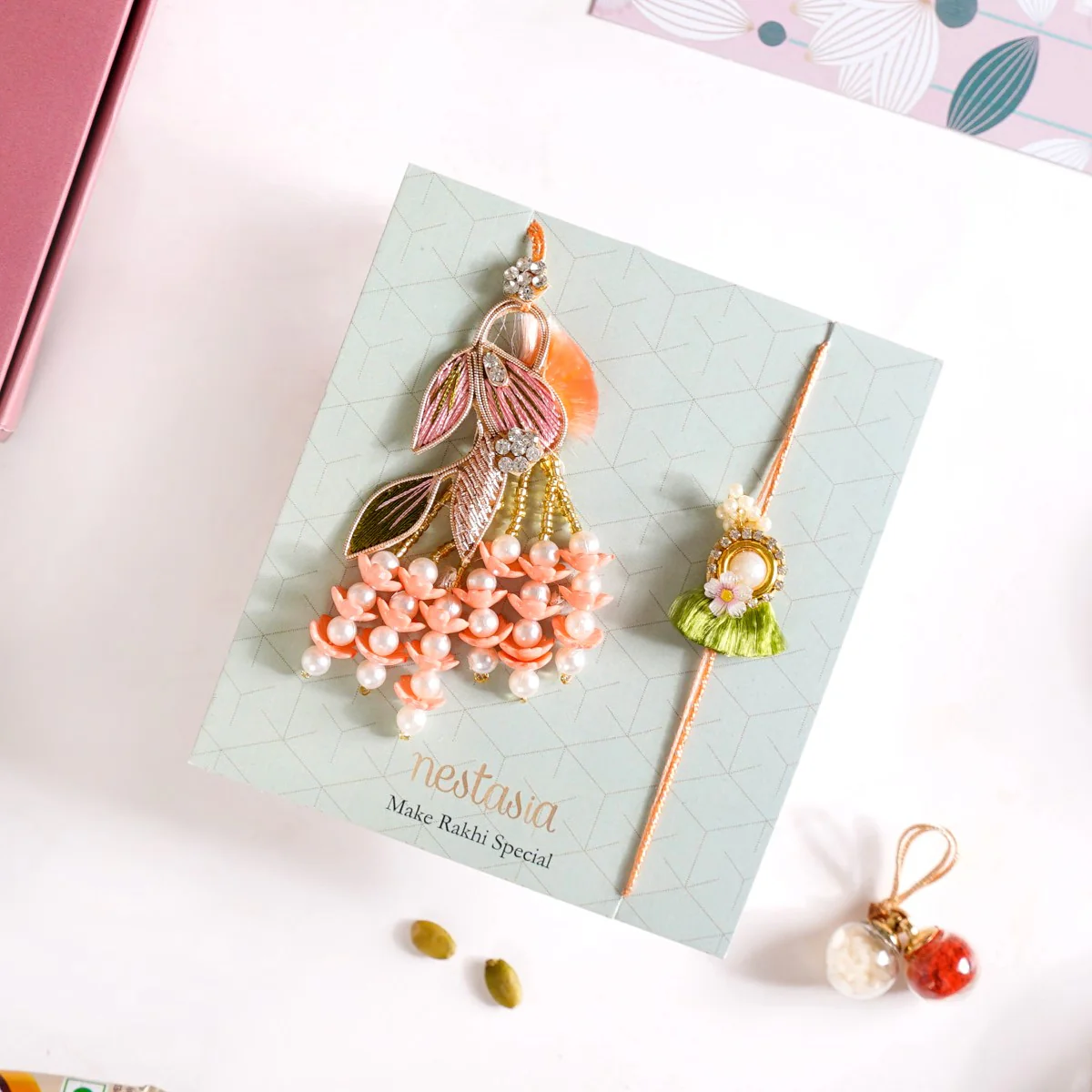 Pearly Peach Rakhi Lumba Hamper Set Of 4 With Gift Box - Image 3