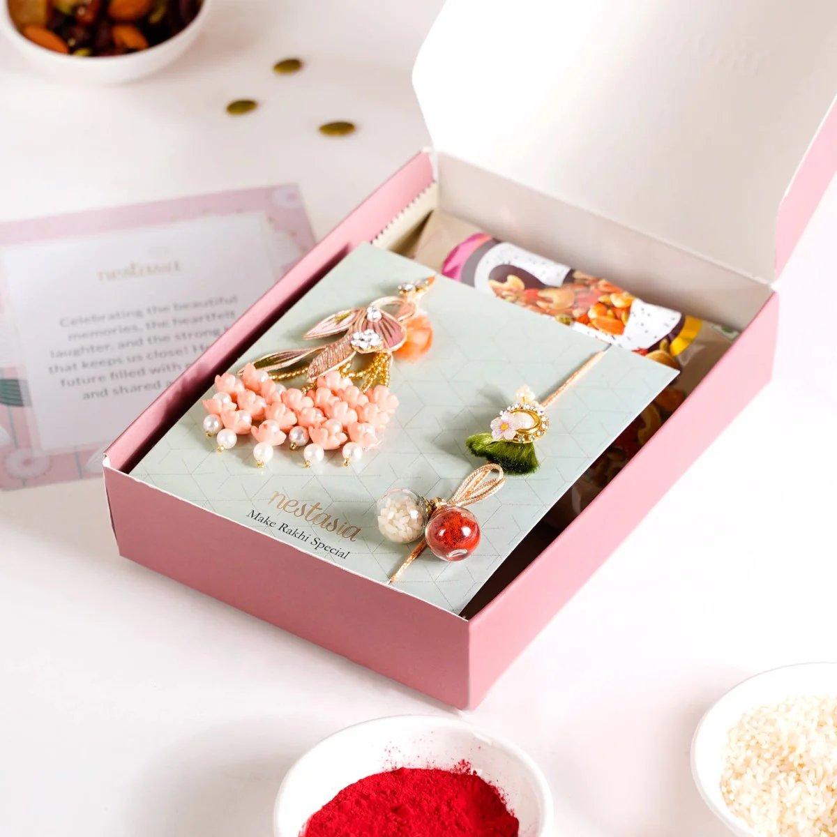 Pearly Peach Rakhi Lumba Hamper Set Of 4 With Gift Box - Image 4