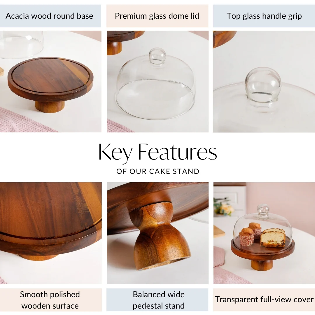 Pedestal Acacia Wood Cake Stand With Cloche 22cm - Image 4
