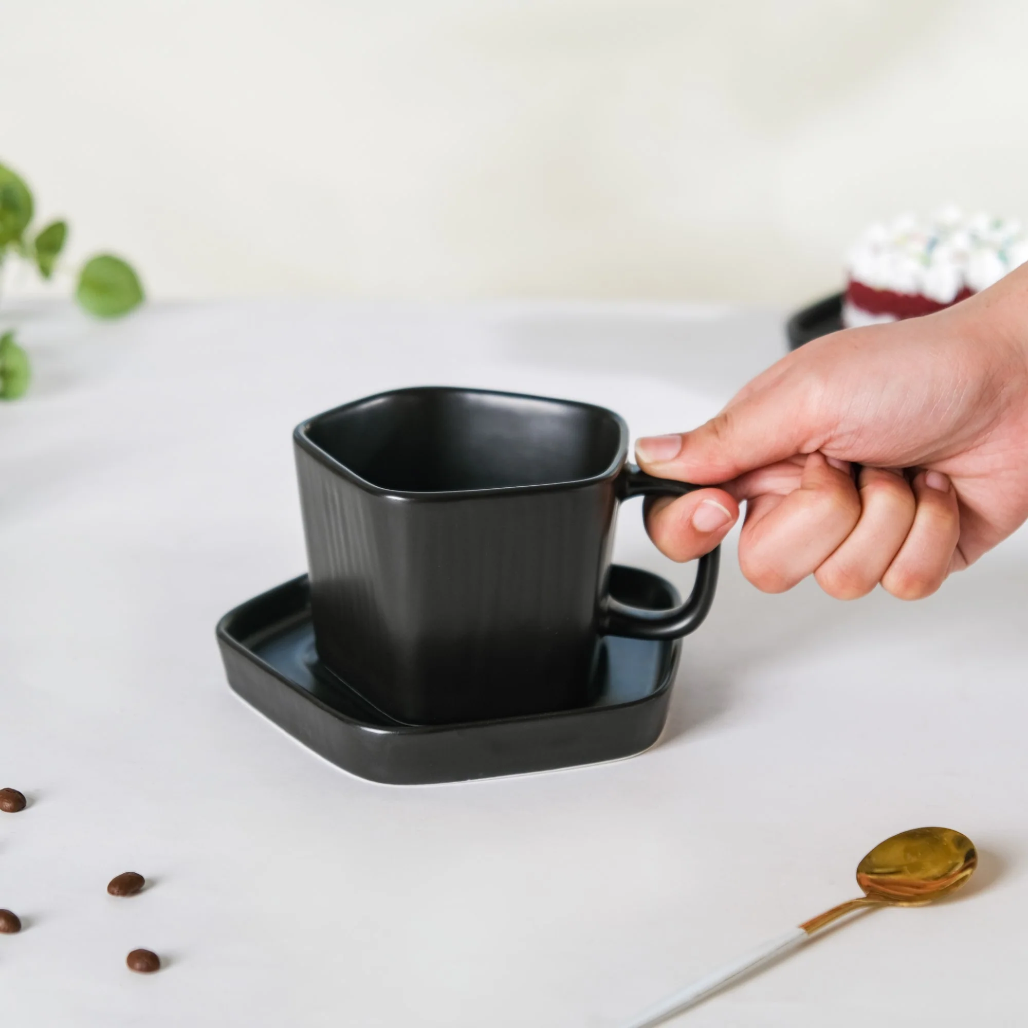 Pentagon Mug with Saucer Black - Image 2