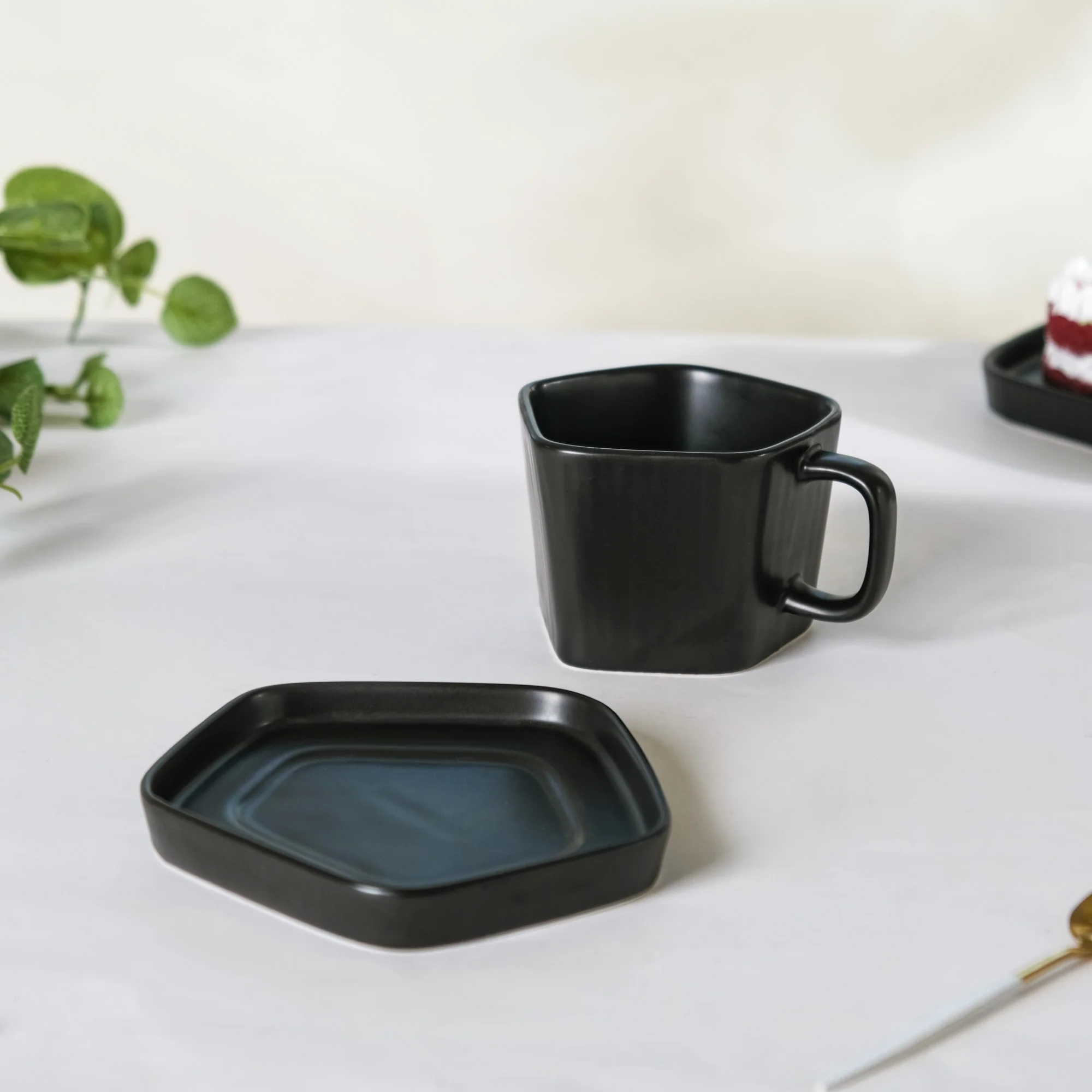 Pentagon Mug with Saucer Black - Image 4