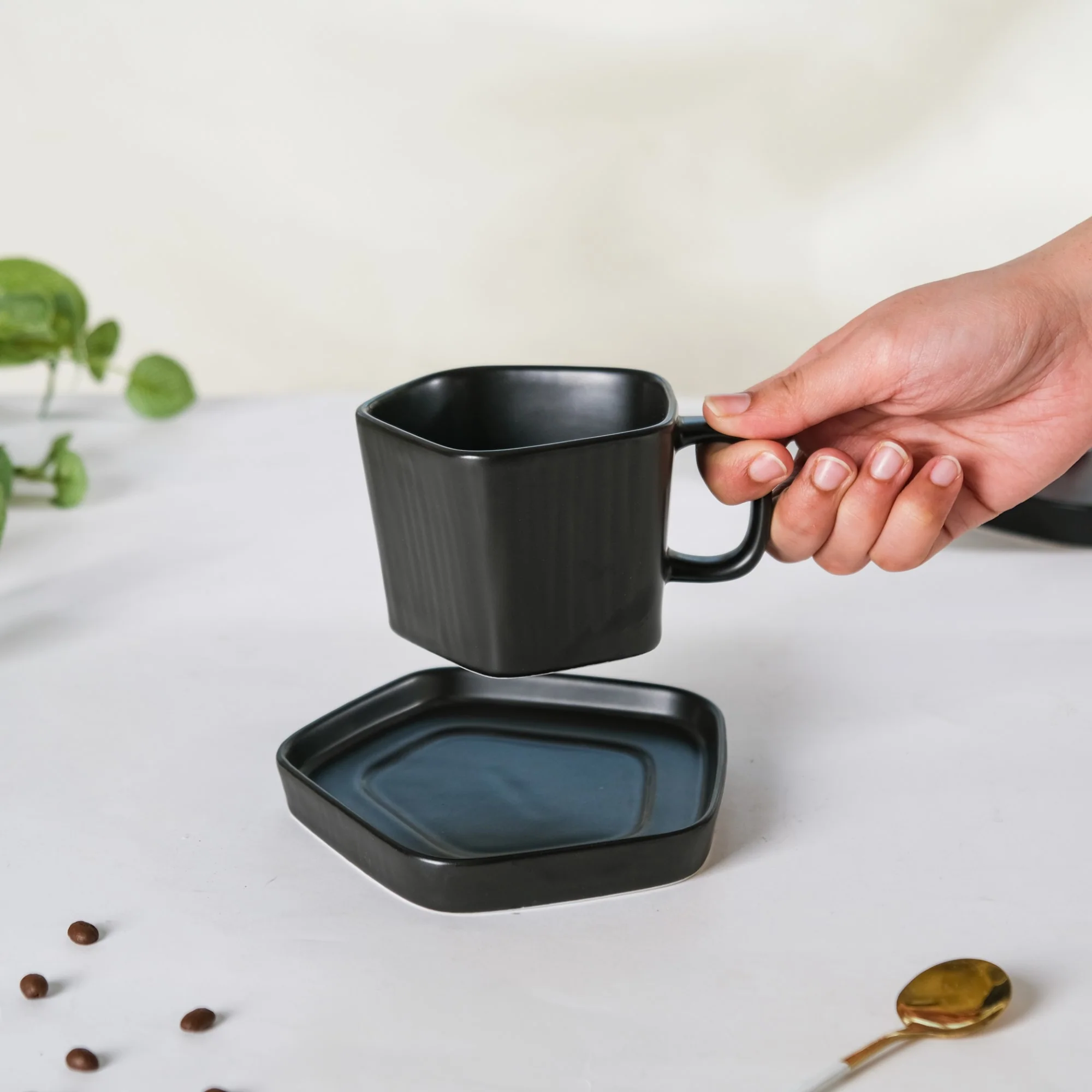 Pentagon Mug with Saucer Black - Image 6