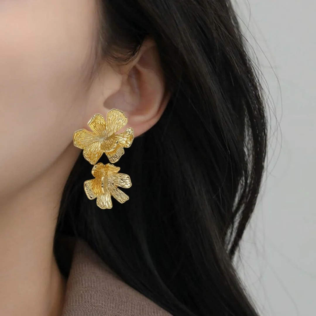 Peony Bloom Gold Drop Earrings - Image 5