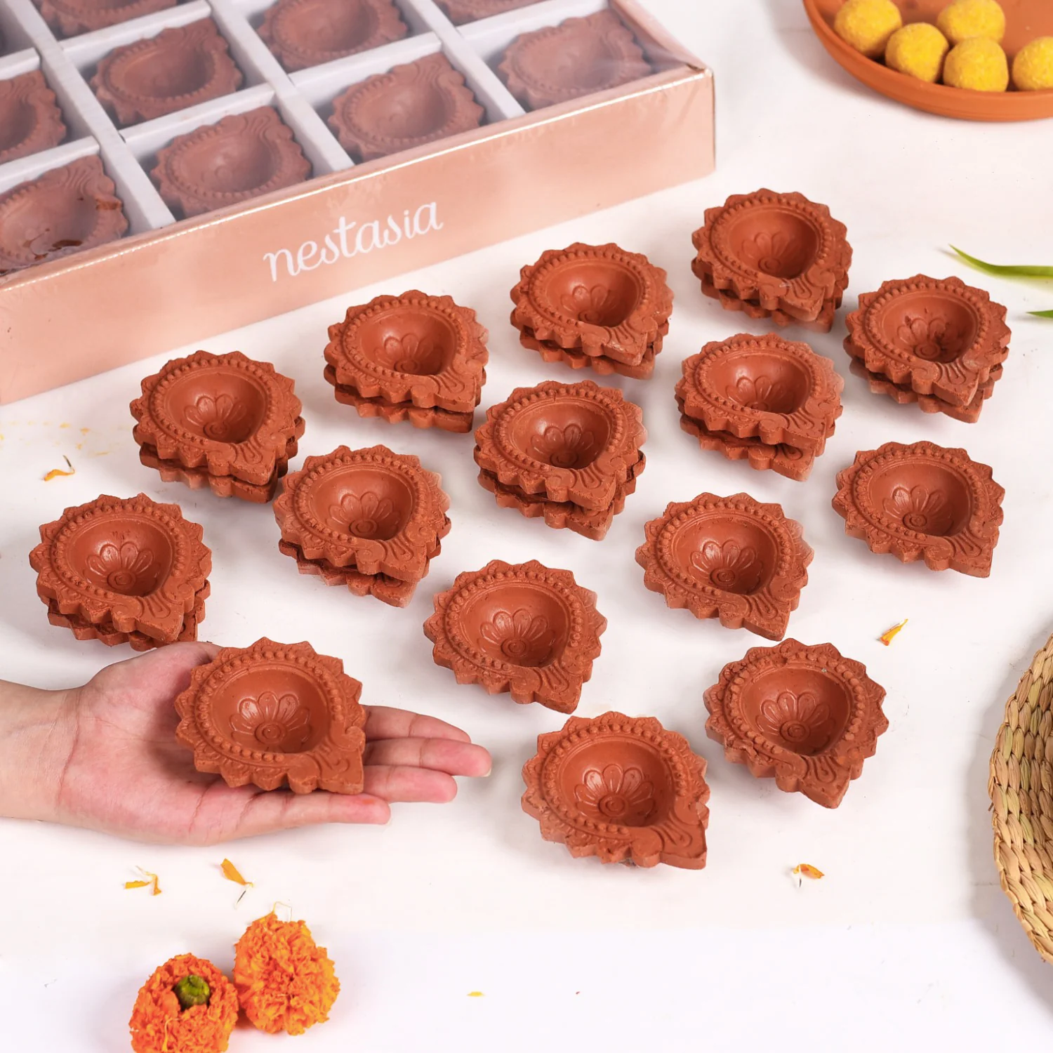 Petal Bordered Pure Terracotta Diyas Set Of 48 - Image 3