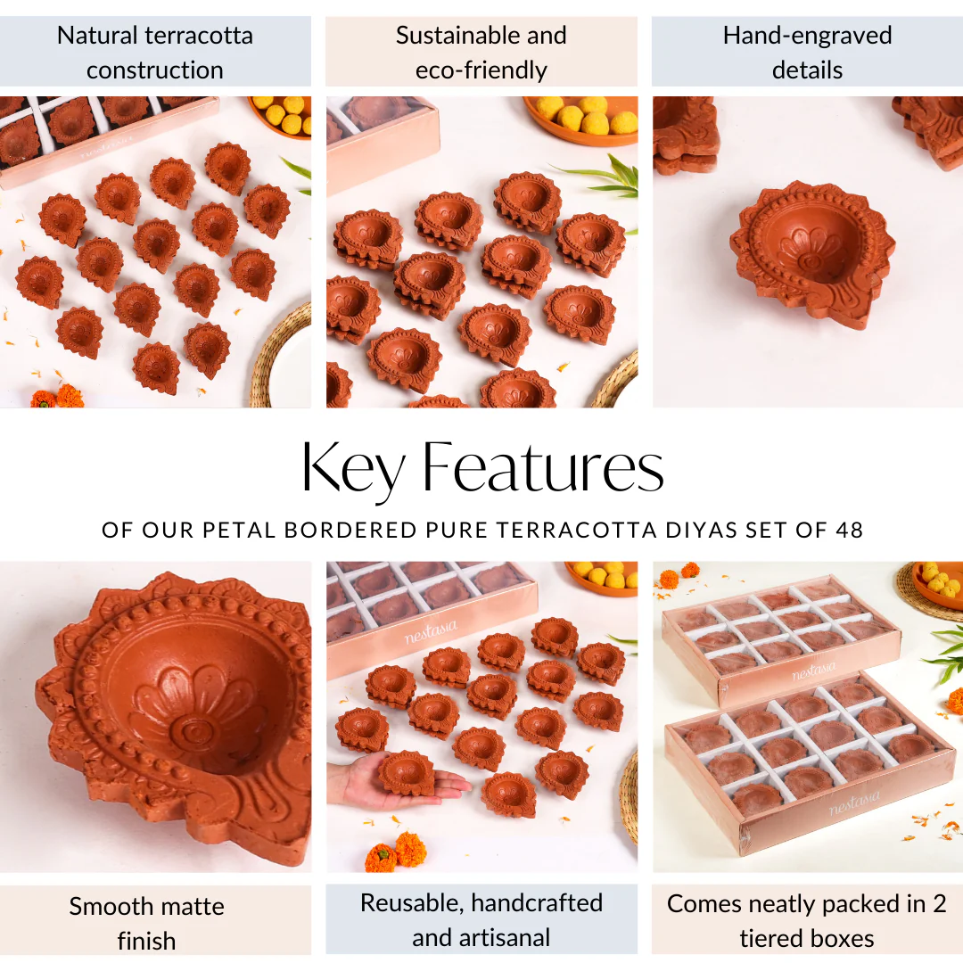 Petal Bordered Pure Terracotta Diyas Set Of 48 - Image 5