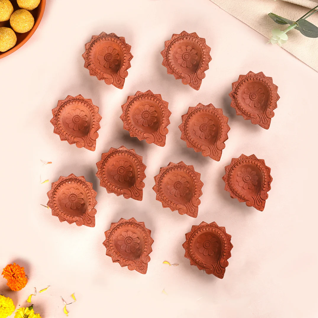 Petal Bordered Pure Terracotta Diyas Set Of 48 - Image 6